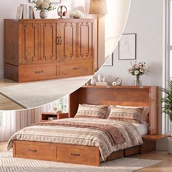 Queen Size Murphy Bed Cabinet with Tri-Folding Mattress Included, Hidden Guest Cabinet Beds with USB Charging Station, Cube Cabinet Chest Wall Beds with Drawers for Bedroom Home Office, Cherry