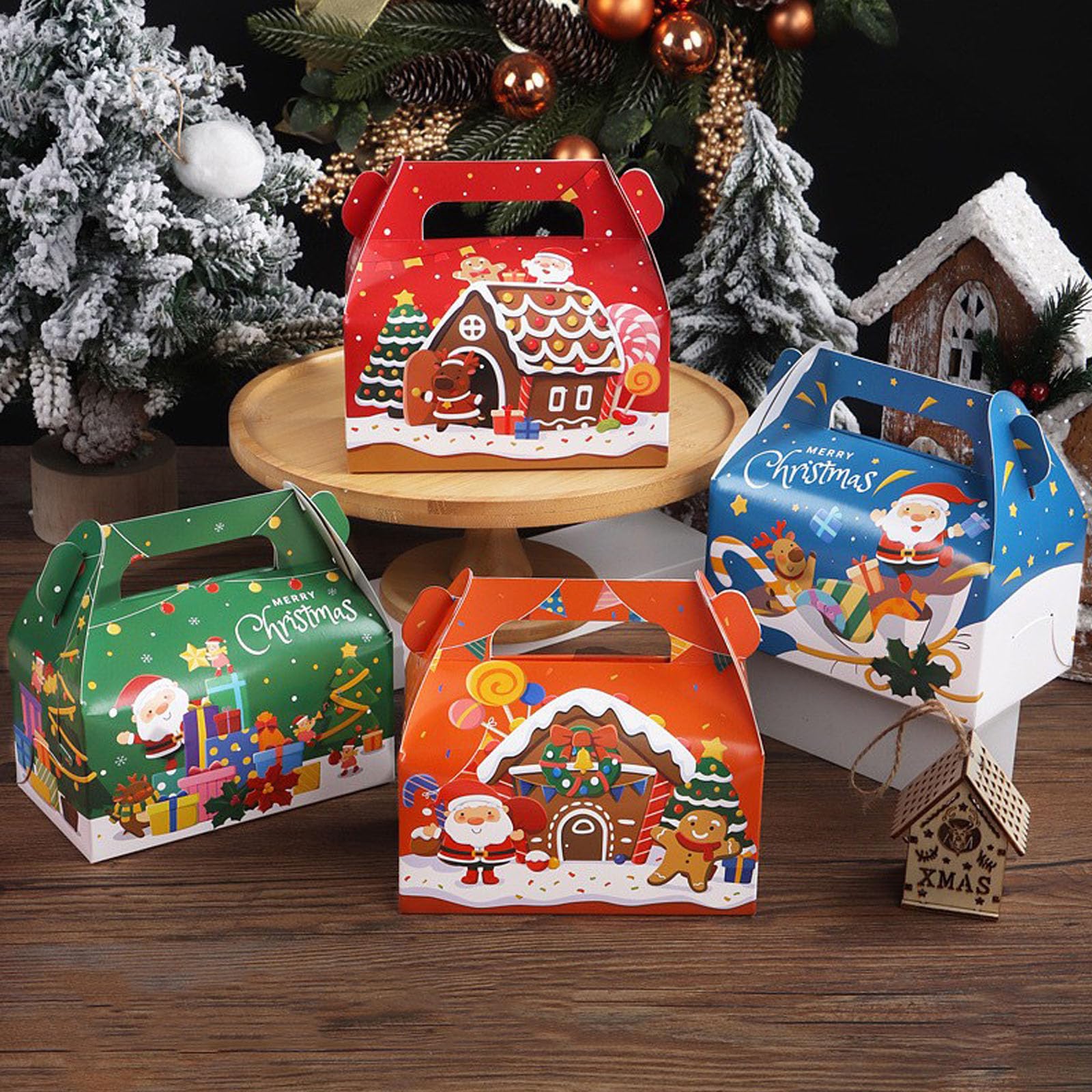 Riiriou 40PCS Boxes Candy Gable Boxes Gift Boxes Cardboard Gift Boxes Cookie Boxes With Handles For School Classroom Christmas Party Favors Size 6.41 x 3.54 x 3.3 inches 4 Designs