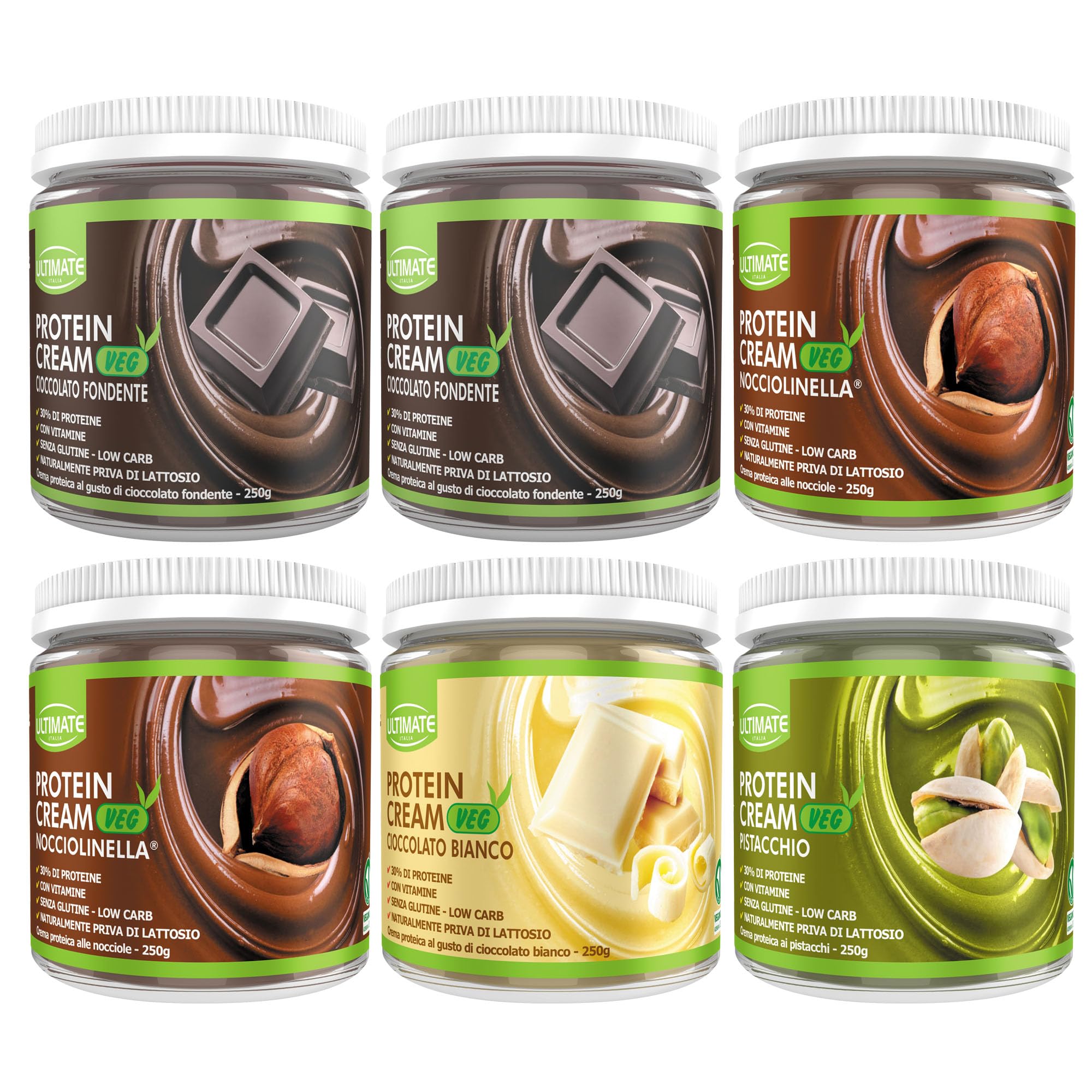Ultimate Italia - 6 protein cream VEG gusti misti (2 cioccolato fondente + 2 nocciolinella + 1 cioccolato bianco + 1 pistacchio) - 100% vegetale - senza glutine - low carb - 6x250g