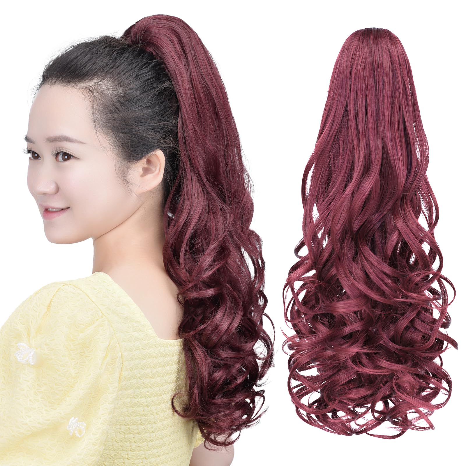 HSPCYGG Burgundy Clip Ponytail Synthetic Wavy Fake Ponytails Extensions 22" 5.3 OZ Hairpieces Women Wig Pigtail Natural Soft Fluffy¬ Tangled Yaki