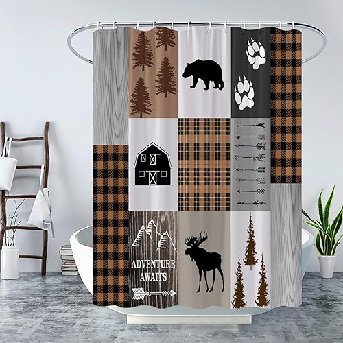 Miniatura 2 de Cortina de ducha de cabaña rústica, retro, oso, ciervo, alce, camping, caza, marrón, negro, búfalo, cuadros, granja, lago, decoración de cabaña,