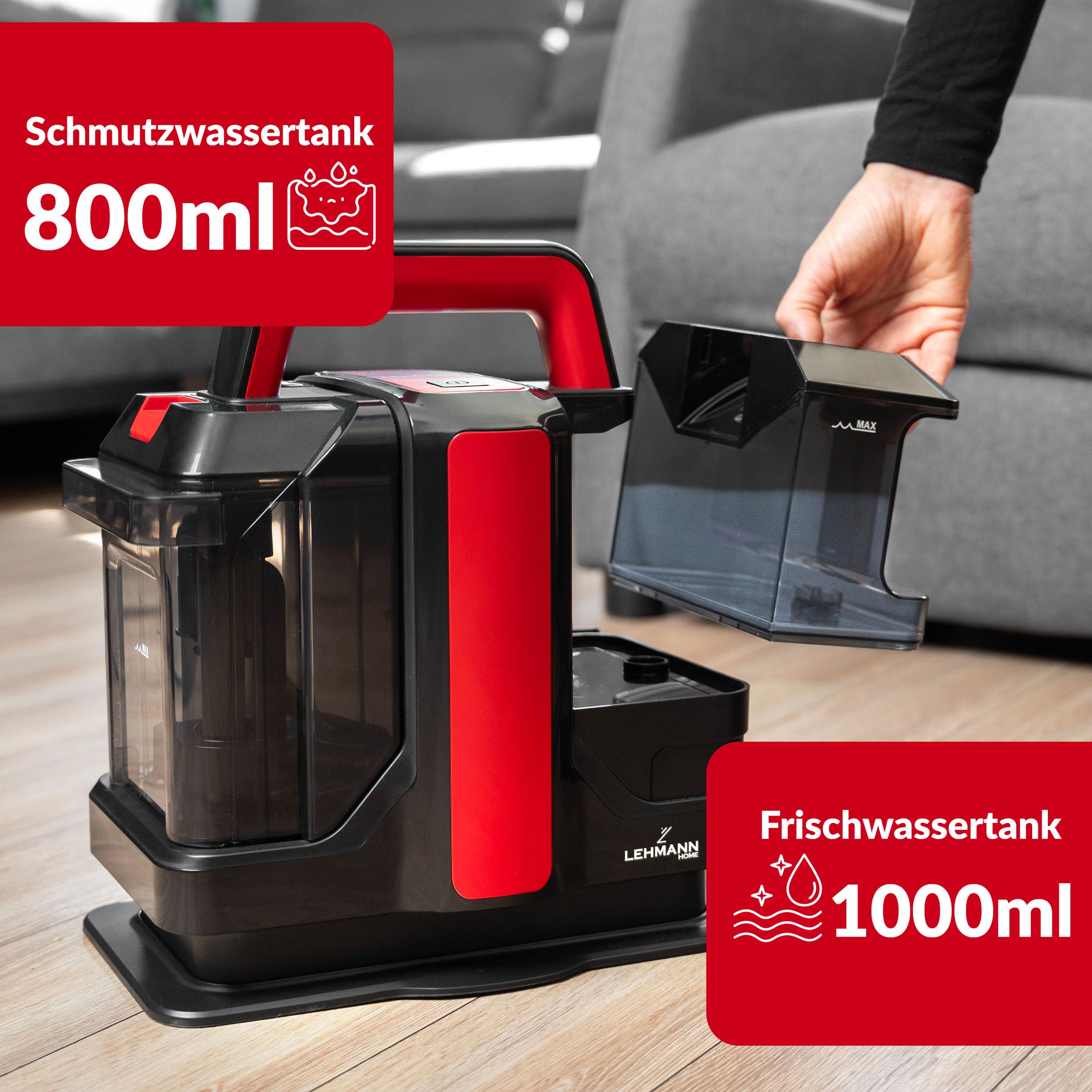LEHMANN EasyWash Teppichreiniger & Polsterreiniger 2-in-1 Spot Clean Waschsauger, Nass-/Trockensauger 750W, Zwei-Tank-System, Fleckenentferner für Sofa, Teppich & Auto, inkl. Aufsätze
