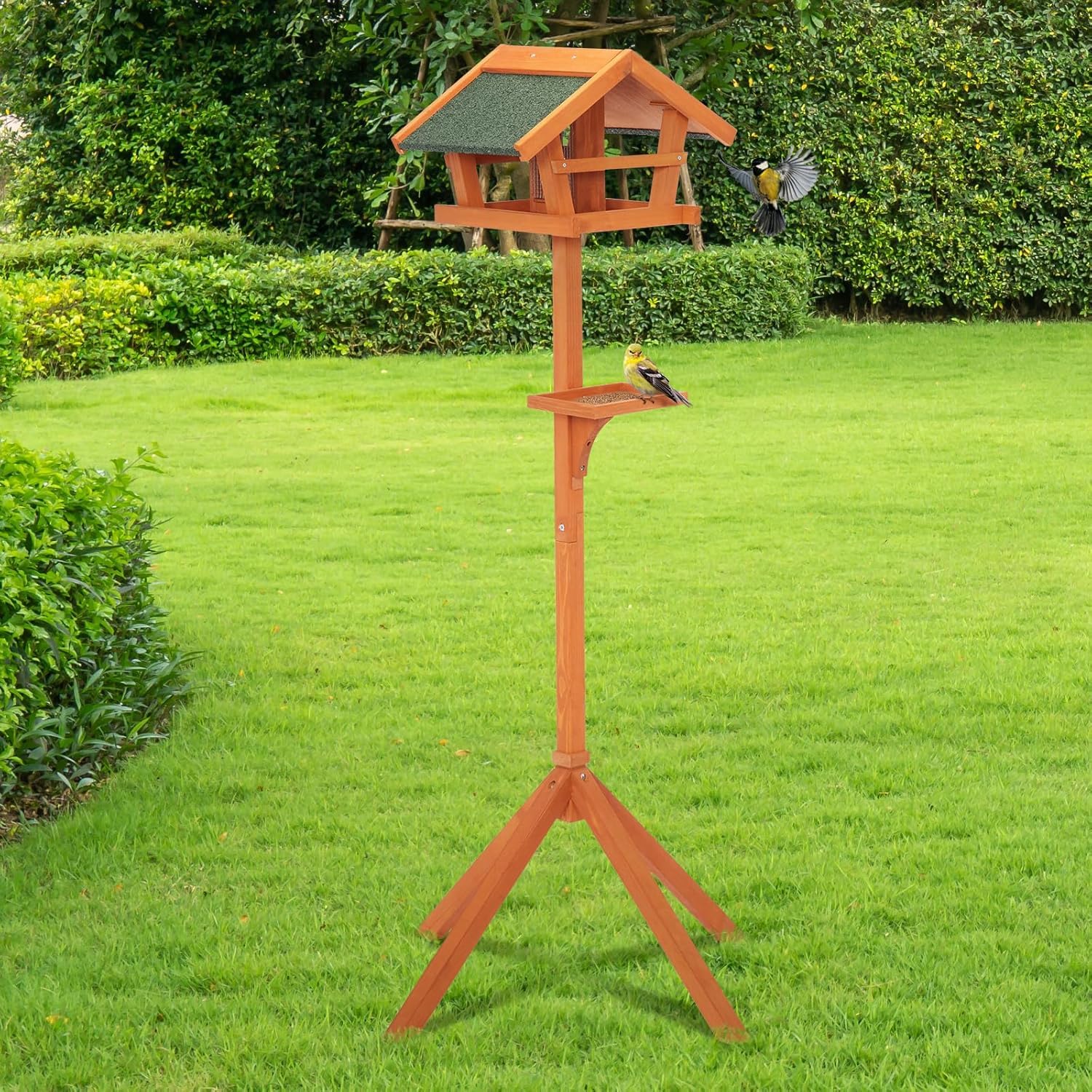 Petsfit Tavoli per uccelli per uso in giardino, mangiatoia per uccelli rialzata da 151 cm, facile da montare, in legno, resistente alle intemperie, con mangiatoie rimovibili e 2 vassoi per mangiatoie