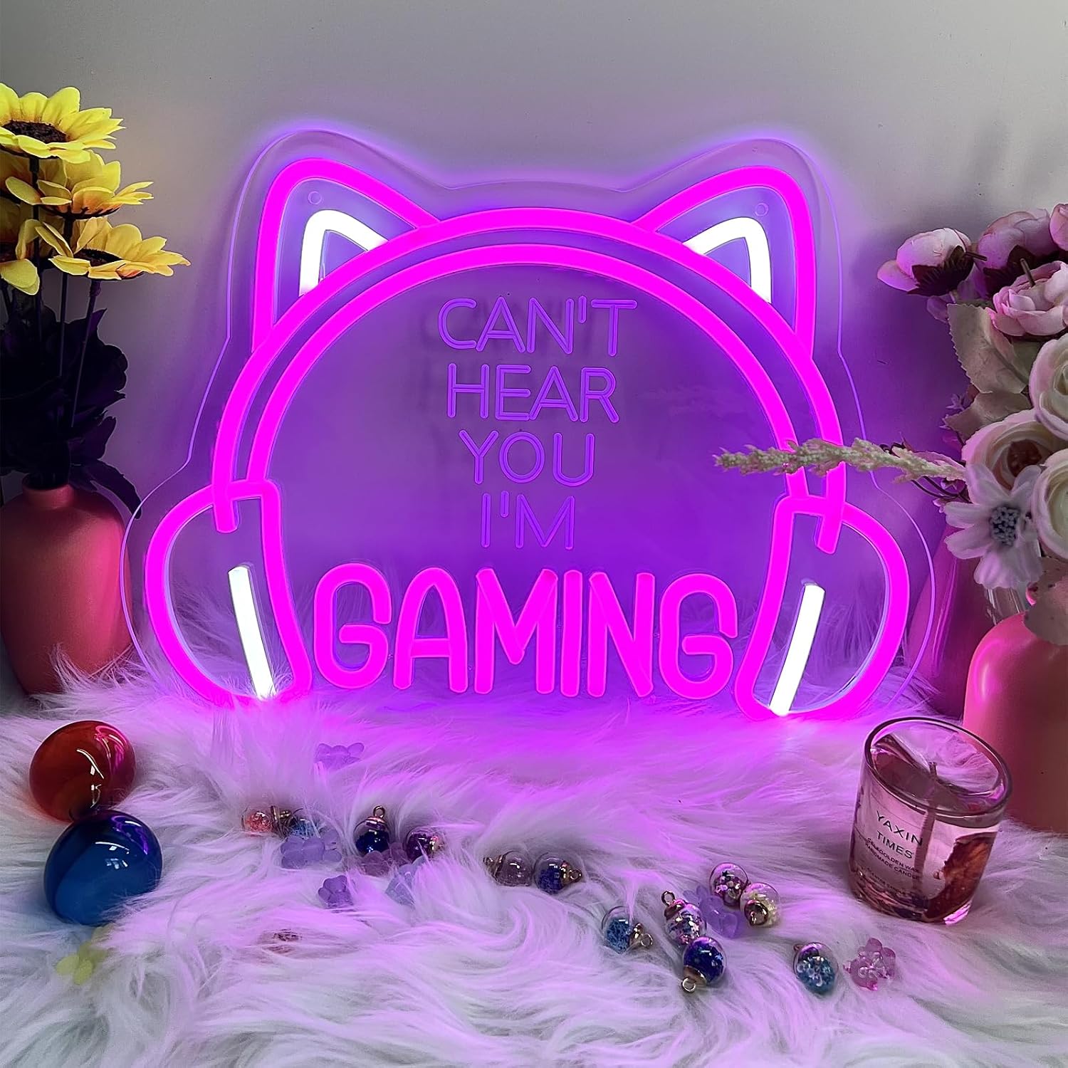 Pink Cat Ear Gaming Neon Sign - LED Headphone Light for Girls Room, Streamer Setup, USB Powered, Dimmable Kawaii Decor, Gifts for Female Gamers, Valentine's Day(14x10 Inch)（CAN'T HEAR YOU I'M GAMING）