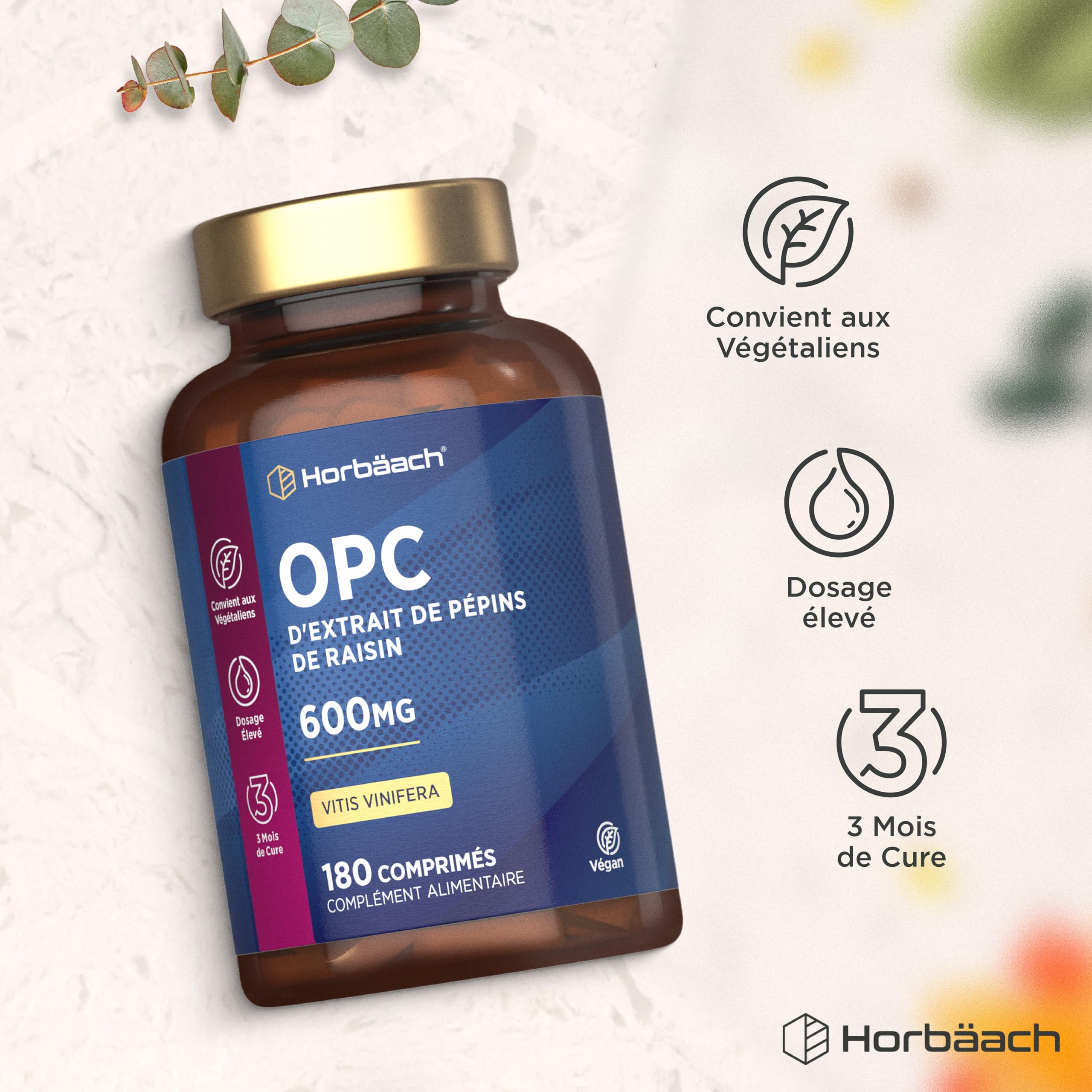 OPC Extrait de Pépins de Raisin | 180 Gélules Vegan | 95% OPC Raisin | Vitis Vinifera L. | Proanthocyanidines Oligomére Fortement Dosé | Grapeseed Extract | par Horbaach
