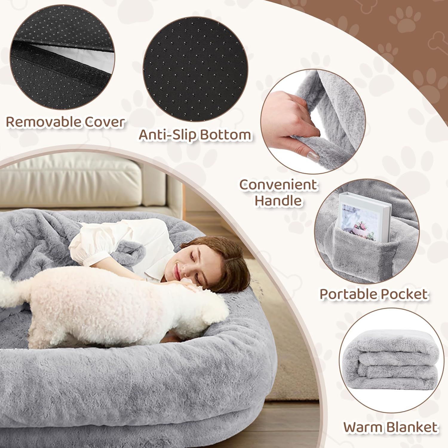 Kromax Large Human Dog Bed for Adults, 71"x43"x10" Cozy Human Sized Pet Bed, Orthopedic & Washable Cover, Non-Slip Comfortable Lounger for People and Pets, Light Grey