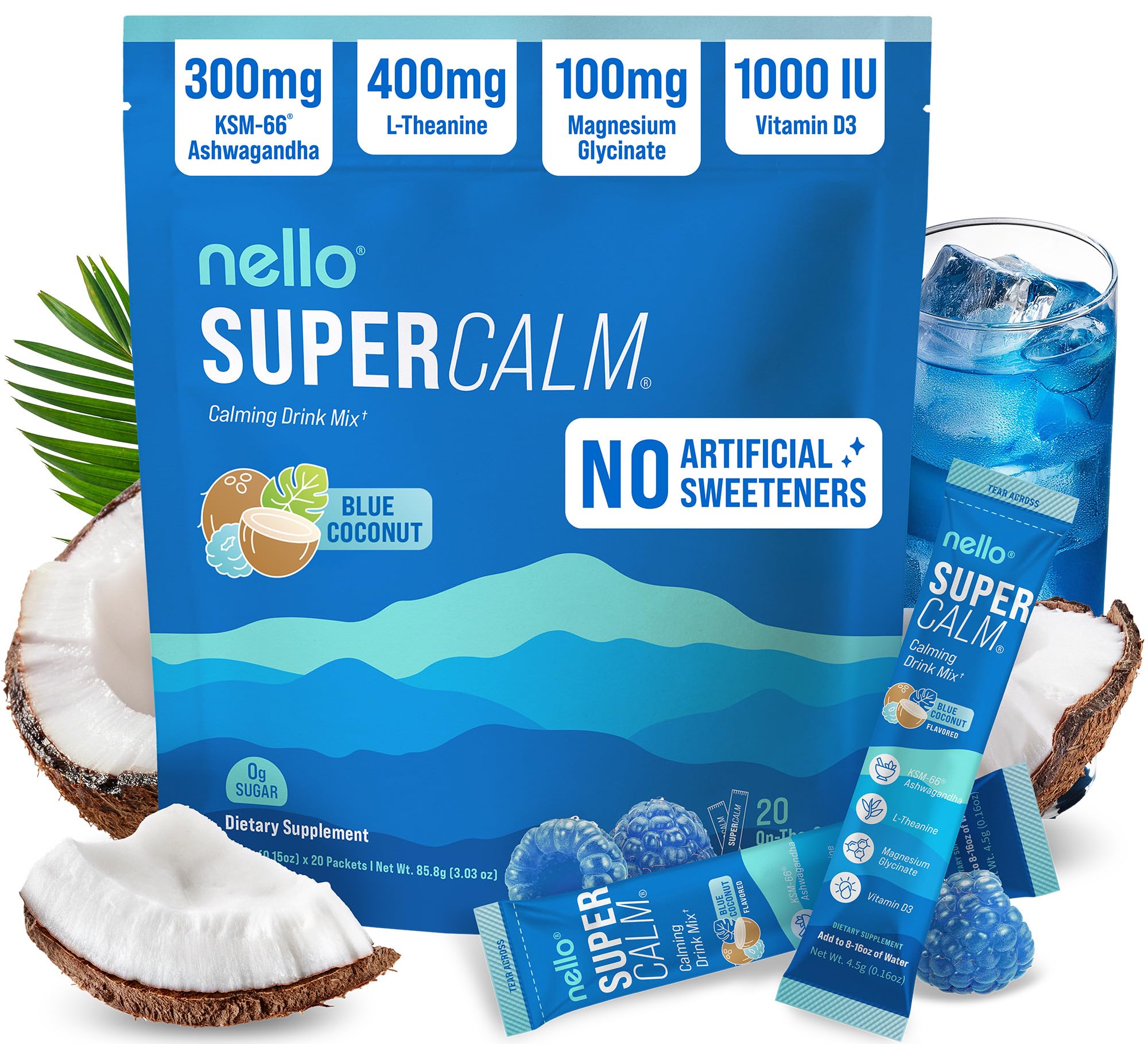 Nello Supercalm Drink Mix with Magnesium Glycinate, KSM 66 Ashwagandha, Vitamin D3 and L Theanine, Calm Powder Supplements for Relaxation Support, No Sugar, Travel Packets, 20 Ct, Blue Coconut