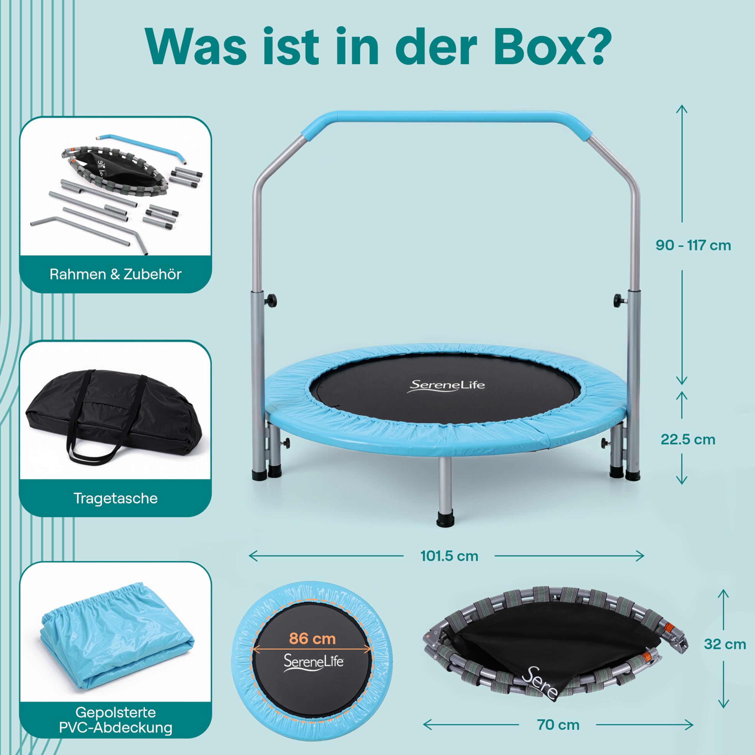 SereneLife Fitness Trampolin Indoor, Ø 102 cm – Faltbarer Rebounder mit Rückprall & Höhenverstellbarem Griff, Bis 150KG, ideal für Zuhause, Cardio, Sport & Training