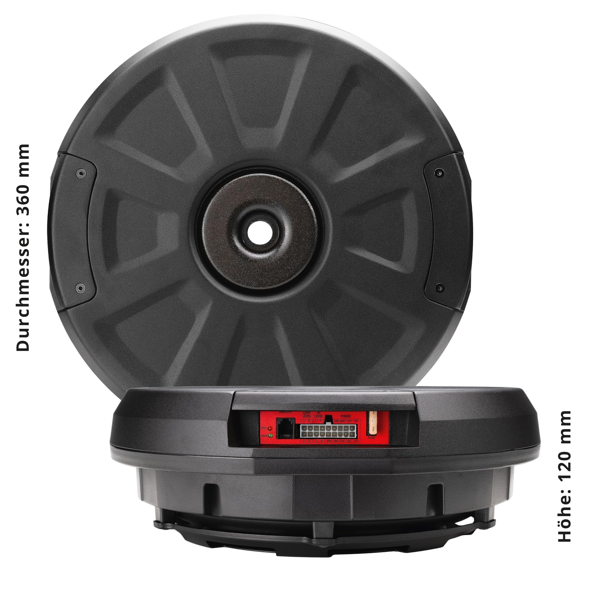 EMPHASER EBS111X – Aktivsubwoofer für Reserveradmulde oder Ersatzrad – 28 cm / 11" Auto Subwoofer mit 300 W Verstärker, kompakte Car-Audio Bassbox, nur 120 mm Bauhöhe