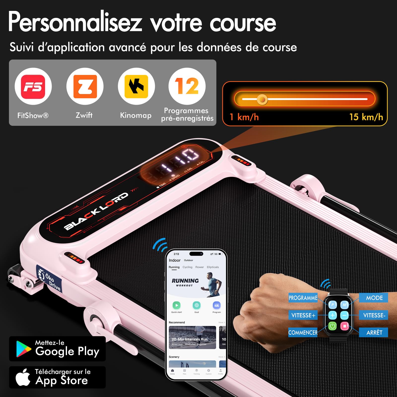 BLACK LORD Tapis de Course, Tapis de Marche Bureau, Moteur Silencieux 3.0HP, 130kg capacité, Suivi Bluetooth, 3 Niveaux Inclinaison, Tapis antidérapant,avec poignée,Rose