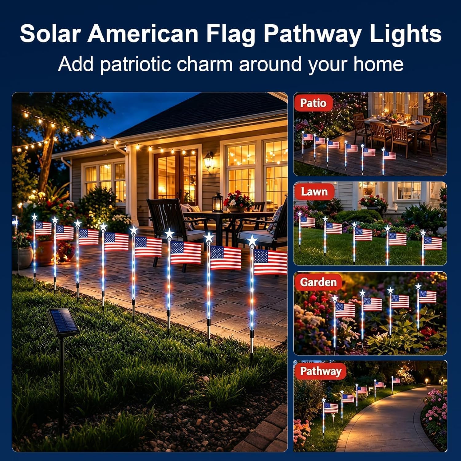 8 Pack Solar American Flag Pathway Lights 4th of July Decorations American Flag Lights Patriotic Red White Blue Outdoor Stake Waterproof LED Light with 8 Modes Memorial Day Decorations (8 Lights) thumbnail