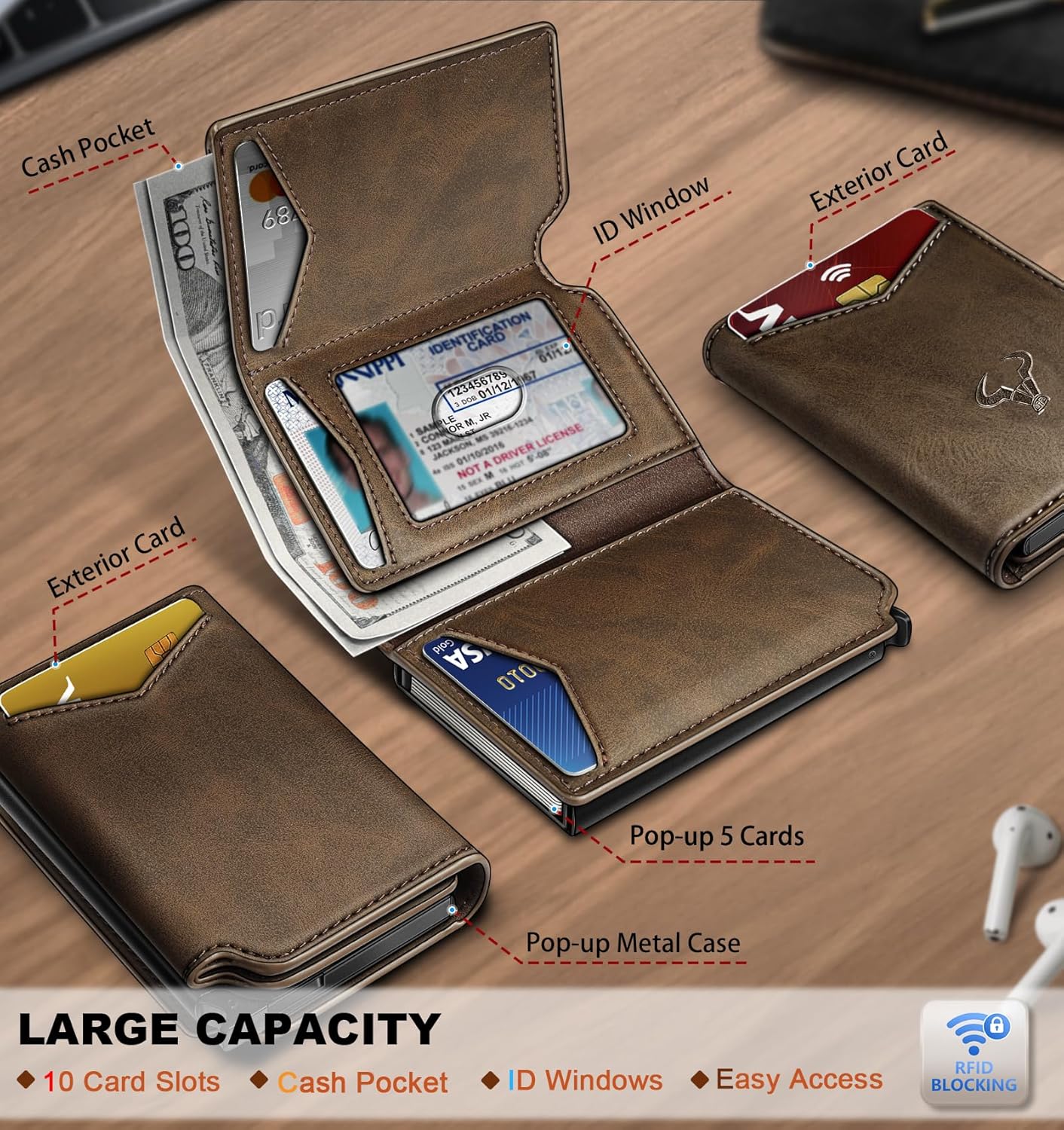 BULLIANT Men Wallet Leather Wallet Card Holders Money Clip for Men 10Cards-Magnetic Flip on Metal Case - Image 3