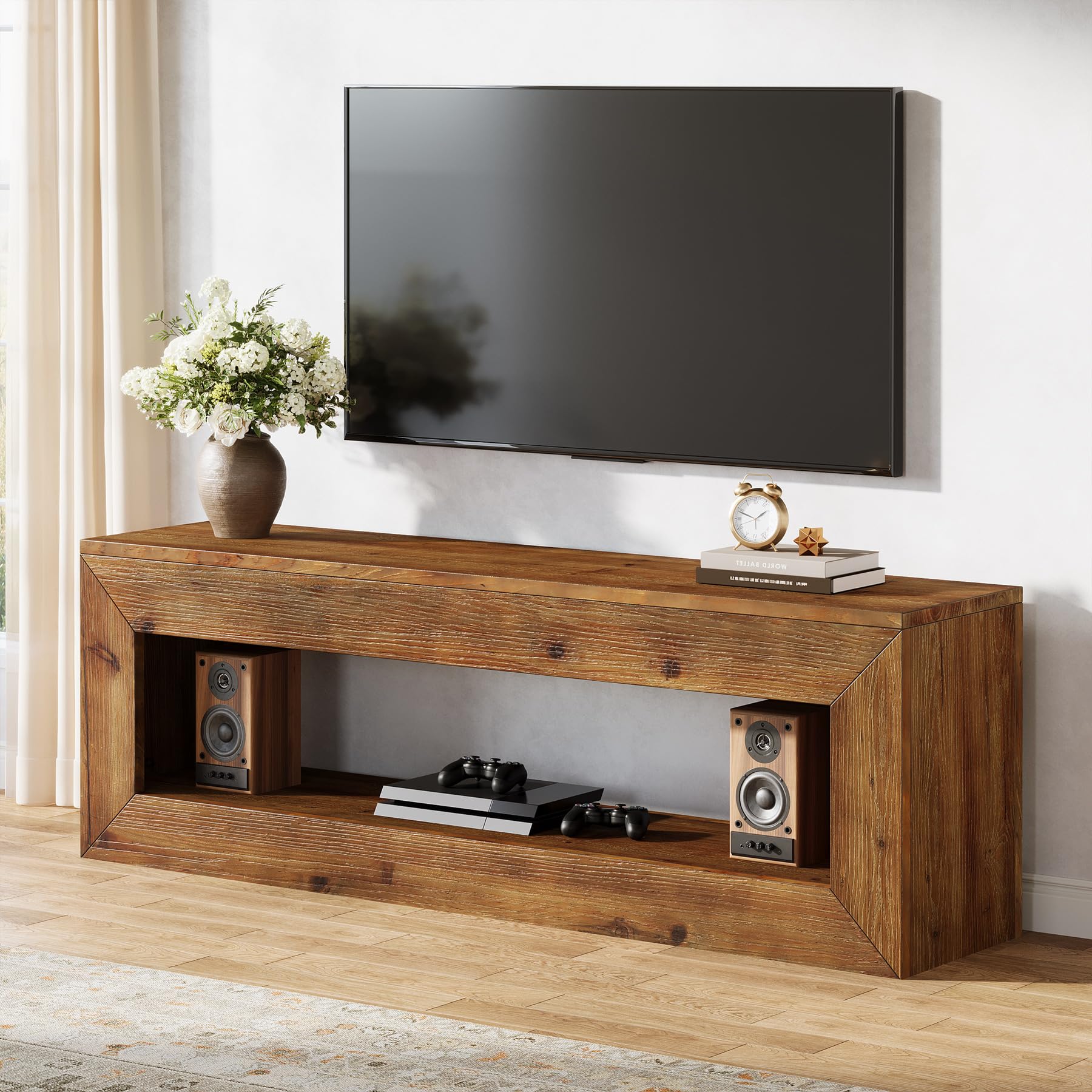 Meuble TV en Bois Massif, Meuble pour télévision Style Campagne jusqu'à 55 Pouces,120 cm Meuble sous téléviseur, Banc TV avec Rangement, Console TV pour Salon, Chambre, Marron Rustique