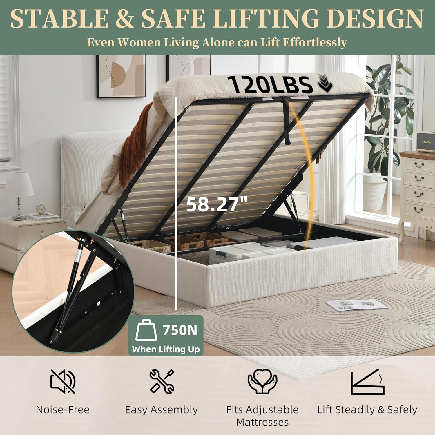 King Lift Up Storage Bed Frame, Linen Upholstered Platform Bed with Curved Headboard, Hydraulic & Sturdy Wooden Slat Support, No Box Spring Needed, Noise-Free, Easy Assembly, Cream White