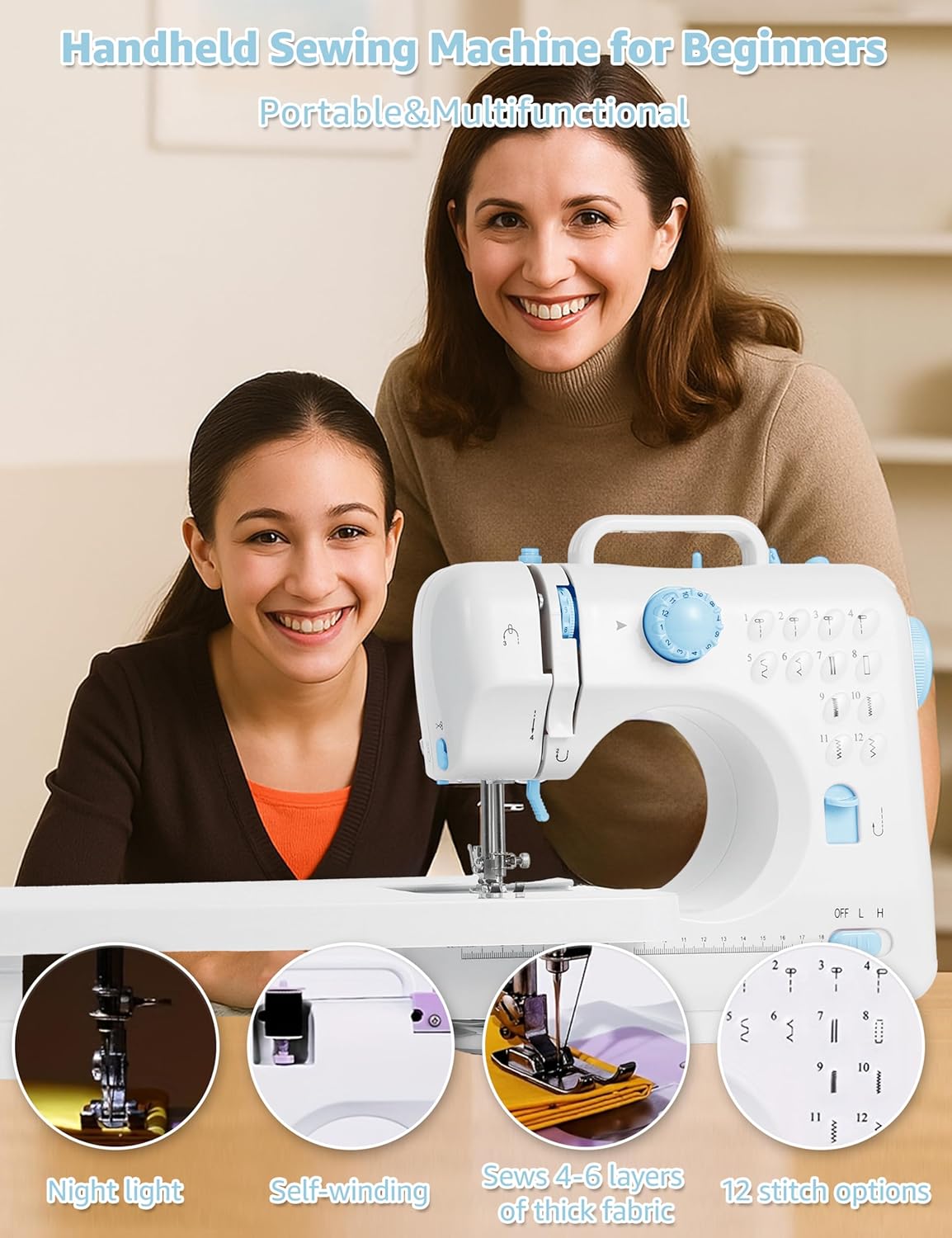 Portable Sewing Machine for Beginners with Extension Table, 12 Stitches 2 Speeds, Mini Electric Sewing Machine with 42PCS Kit, Dual Power Small Handheld Sewing Machine for Home Blue Maquina de Coser