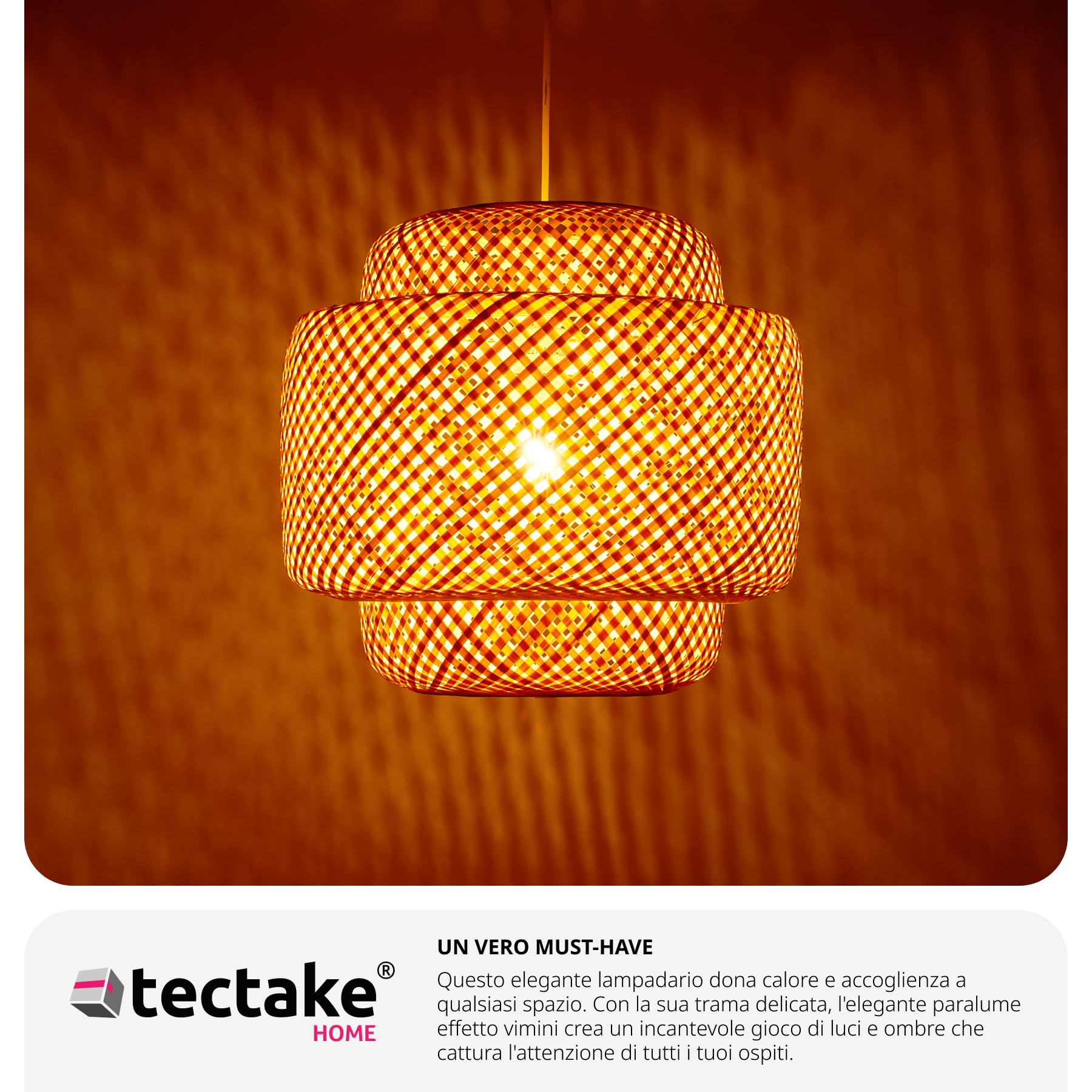 tectake® Lampada da Soffitto con Paralume in Bambù Intrecciato, Plafoniera Grande per Salotto o Camera, Stile Boho Chic, Telaio Robusto in Acciaio, Cavo Regolabile - Marrone