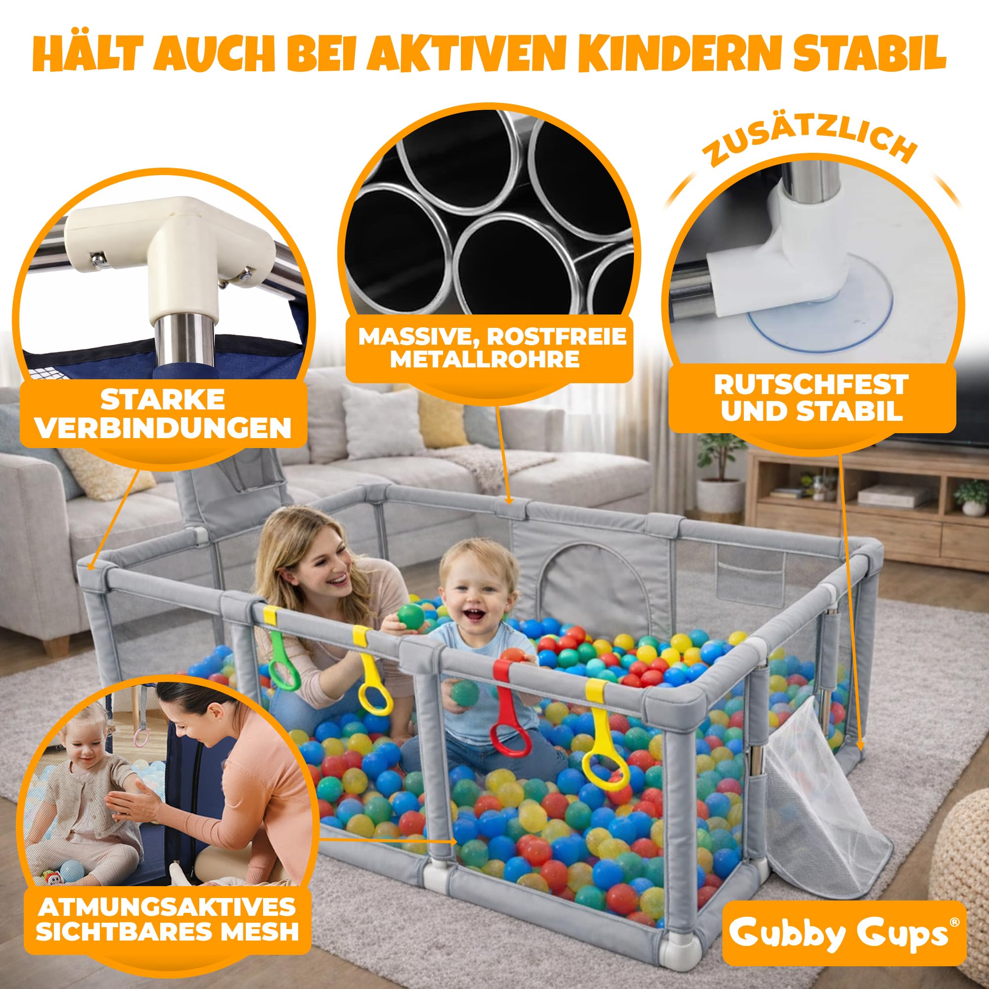 Laufstall Baby 180x122 cm mit Basketballkorb & Fußballtor – Laufgitter XXL | XXL Laufstall mit Basketballkorb, Fußballtor, Spielringen und atmungsaktivem Netz.
