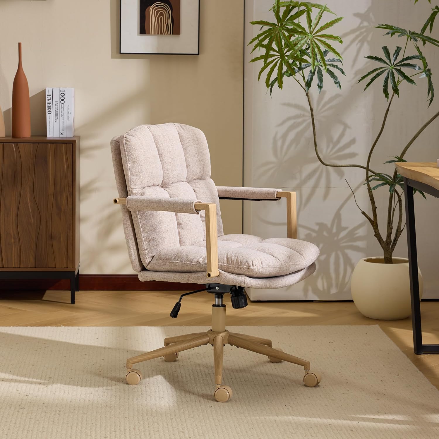 VINGLI Comfy Linen Office Desk Chair, front-side view