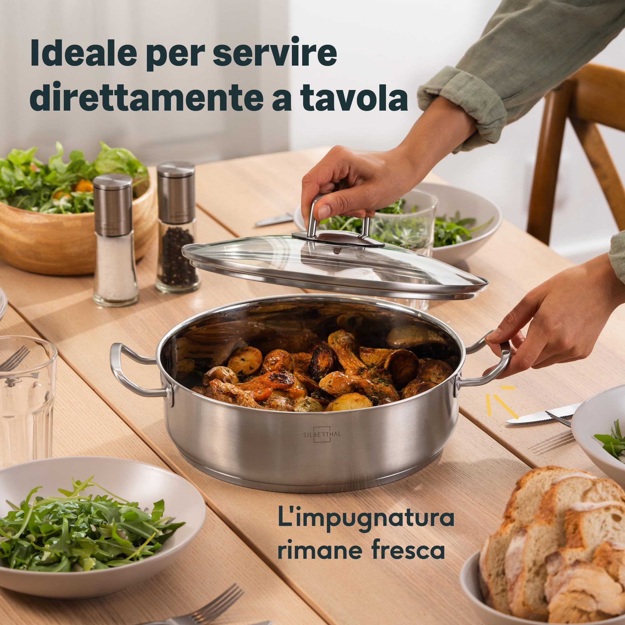 SILBERTHAL Casseruola acciaio inox - Induzione gas e forno - Tegami 28 cm - Pentola bassa 5 litri con coperchio