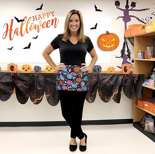Miniatura 6 de Delantal de cintura de Halloween con bolsillos, medio delantal de calabaza para mujer, camarera, servidor, profesor, cocina, Varios colores