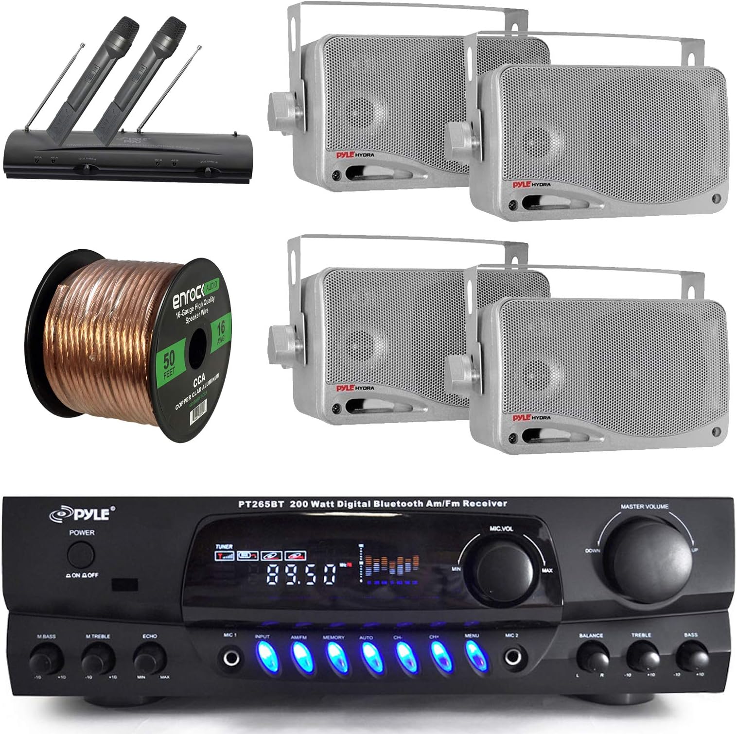Pyle PT265BT Bluetooth 200 Watt Digital Karakoe Receiver Amplifier Bundle Combo With 4x 3'' Inch 3-Way Wall Mount Speakers + Wireless Handheld Dual Microphone System + Enrock 50 Ft 16g Speaker Wire