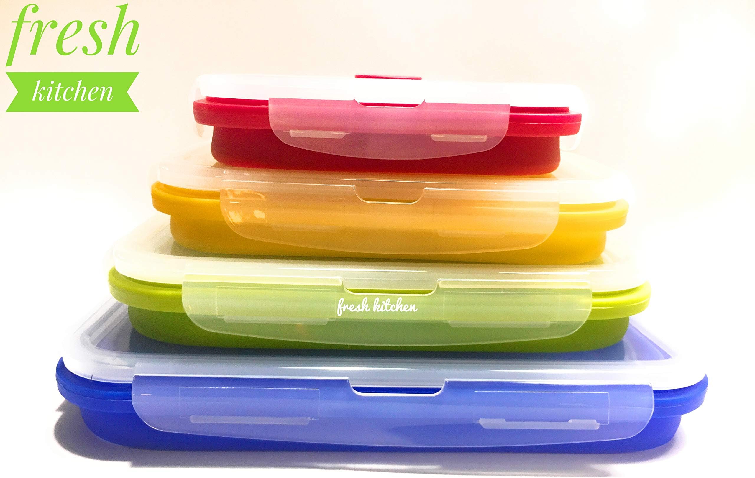 FRESH KITCHEN Folding Food Containers- Silicone BPA Free- Leak proof Airtight lids- microwave freezer safe- lunch bento box storage collapsible stackable meal prep for work school adults kids and baby