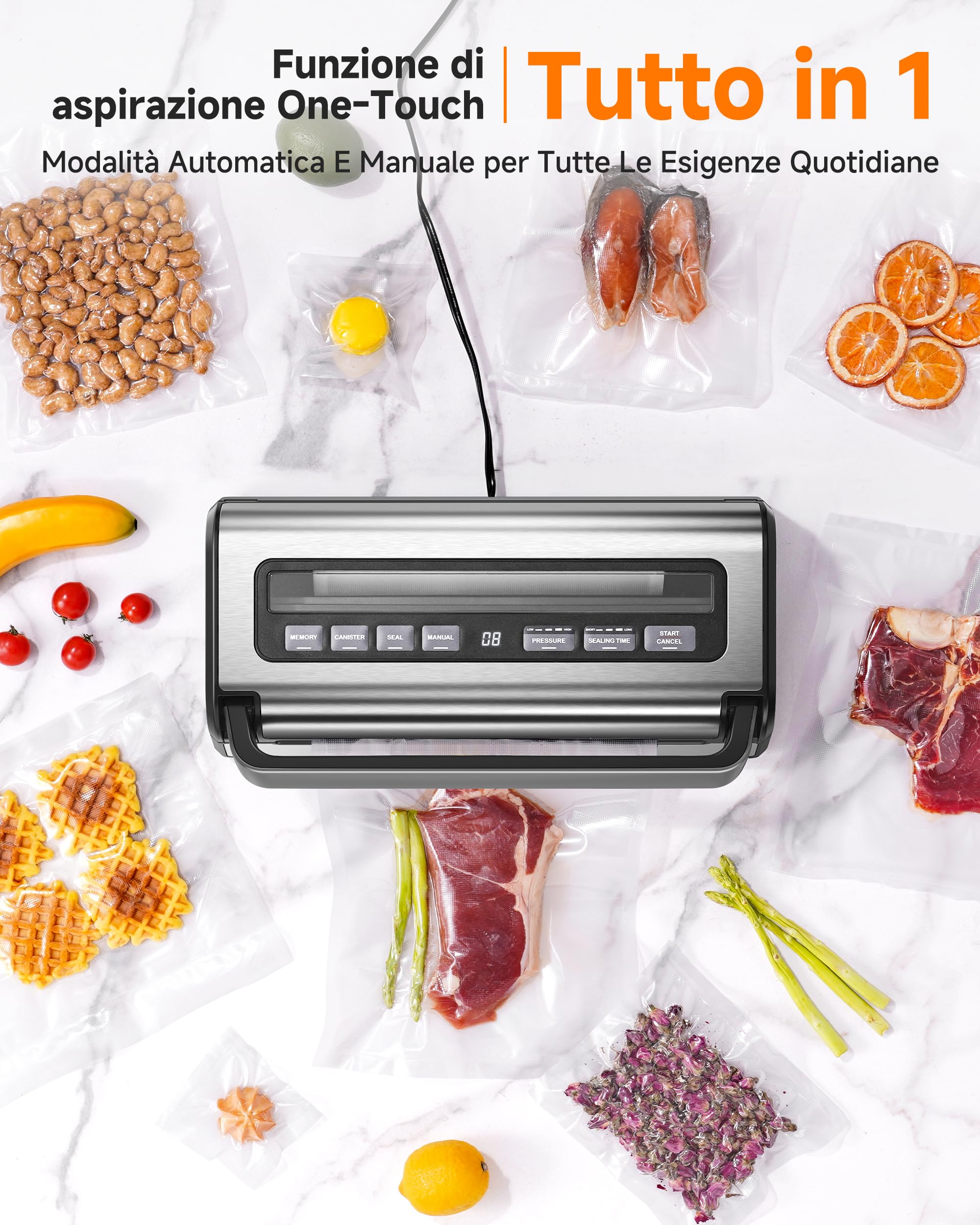 Macchina Sottovuoto 95 kPa, 9-in-1 Macchina Sottovuoto Alimenti con Modalità Tempo & Pressione Regolabili, Memoria, Doppia Sigillatura, Taglierina & Porta Sacchetti Integrati, Incl. 2 Rotoli &Tubo