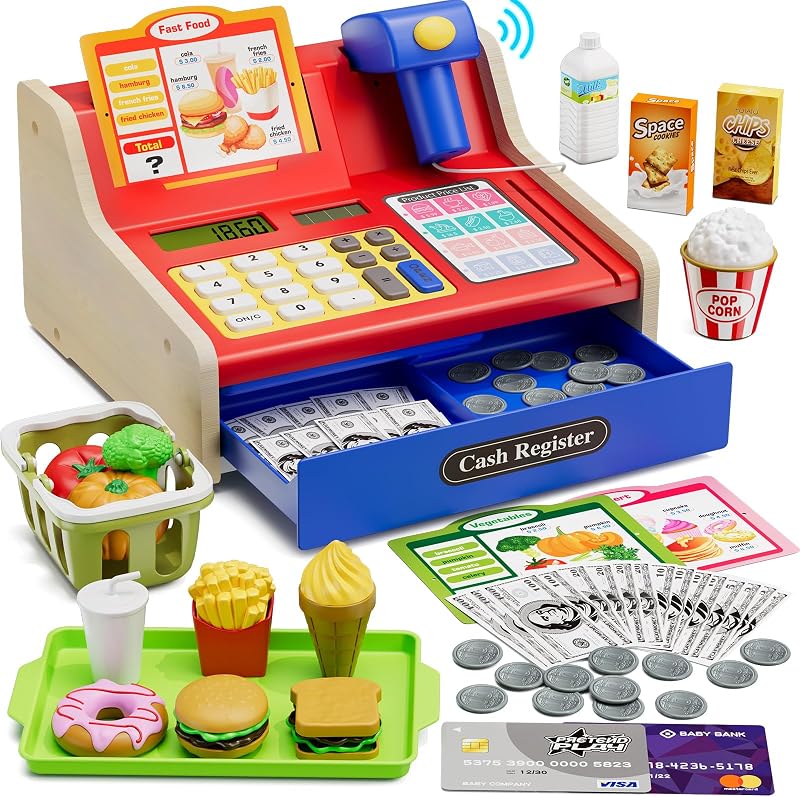 Wooden Cash Register for Kids with Real Calculator, Blue | Rechargeable Cash Register Toy with Scanner/Play Money/Food/Credit Card/Menu, Pretend Play Toys Gifts for Boys Girls Ages 3-8