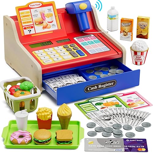 Wee Wonders Wooden Cash Register for Kids with Real Calculator,