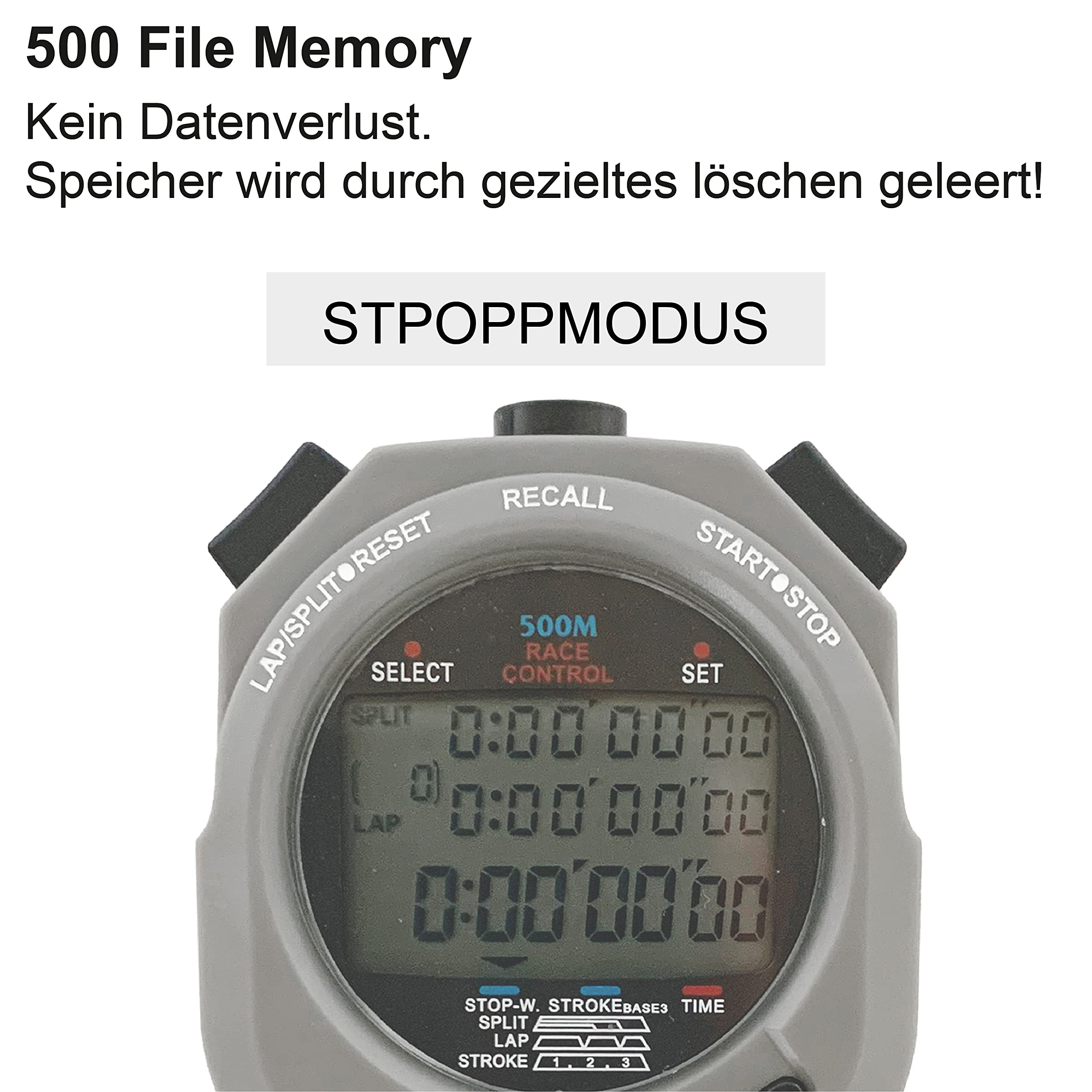 STOPTEC Stoppuhr 496 | 3-Zeilen Display | 500 Memory | Schlagzahlmessung | Race Control | Uhrzeit & Datum | Spritzwasserfest | Einfacher Batteriewechsel