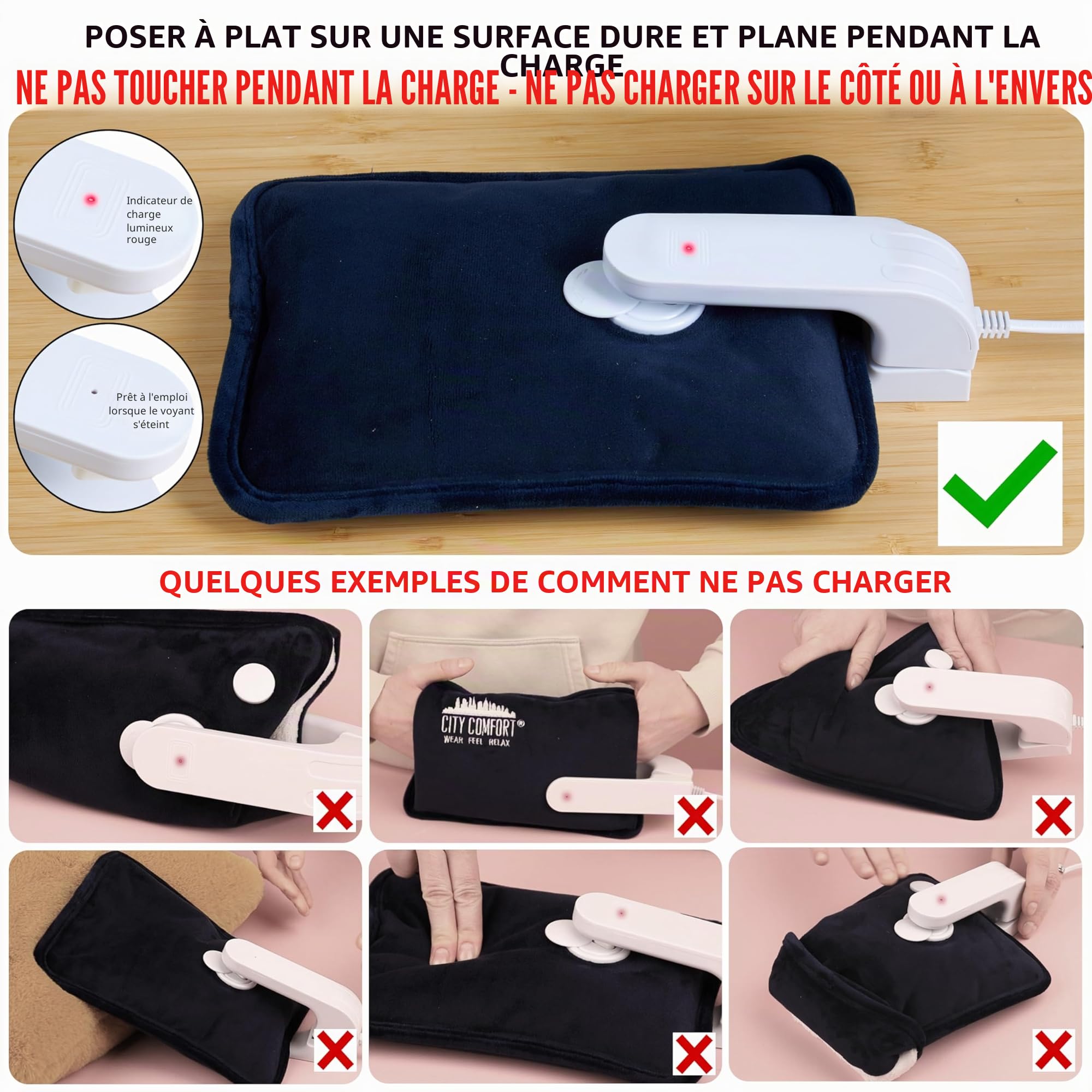 CityComfort Bouillotte Électrique Rechargeable Coussin Chauffant 6H Câble Détachable Chauffe Lit et Chauffe Main Idée Cadeau (Charbon)