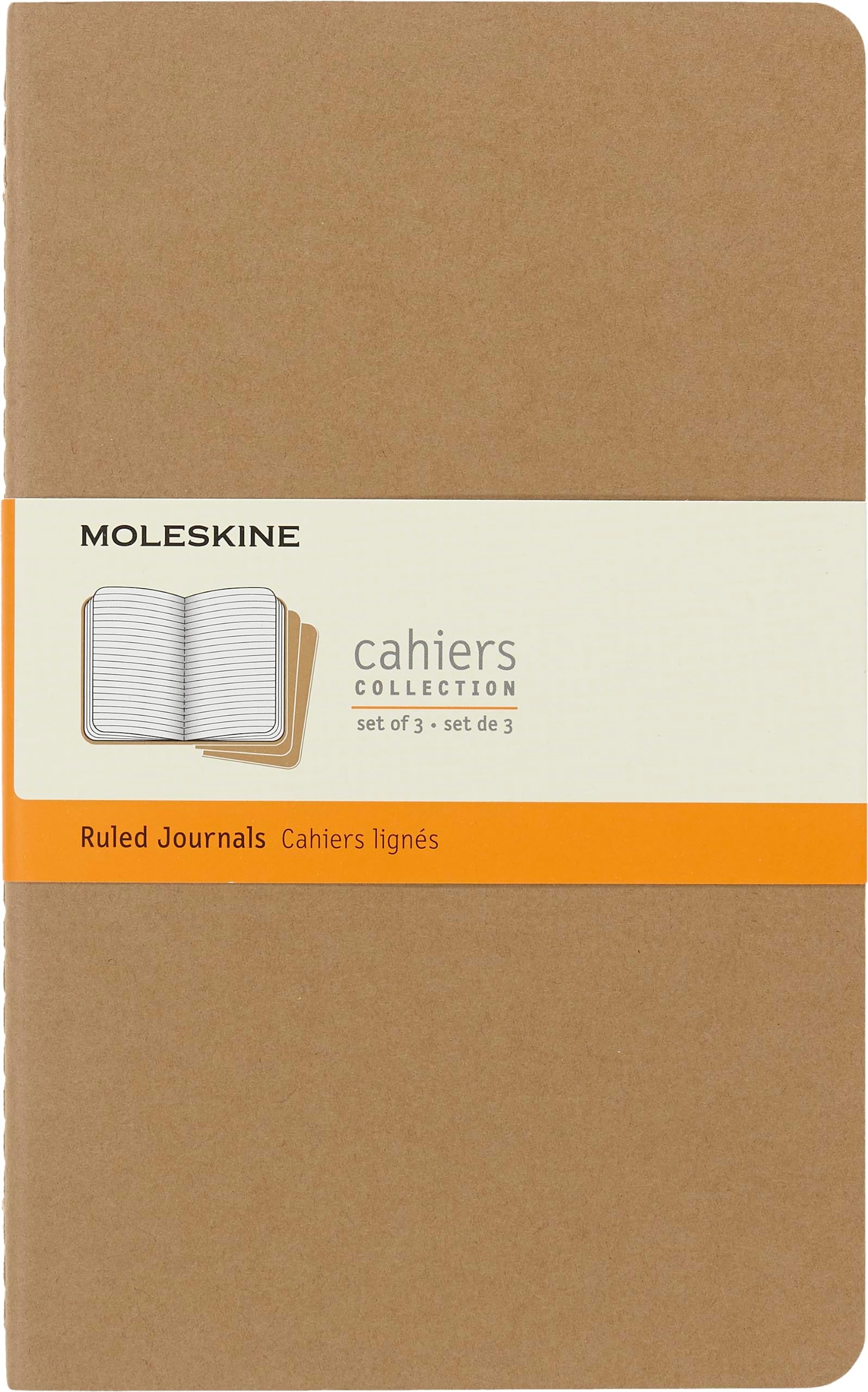 Moleskine - Cahier Journal - Set 3 Notebooks with Ruled Pages - Cardboard Cover with Visible Cotton Stiching - Color Kraft Brown - Large 13 x 21 cm - 80 Pages