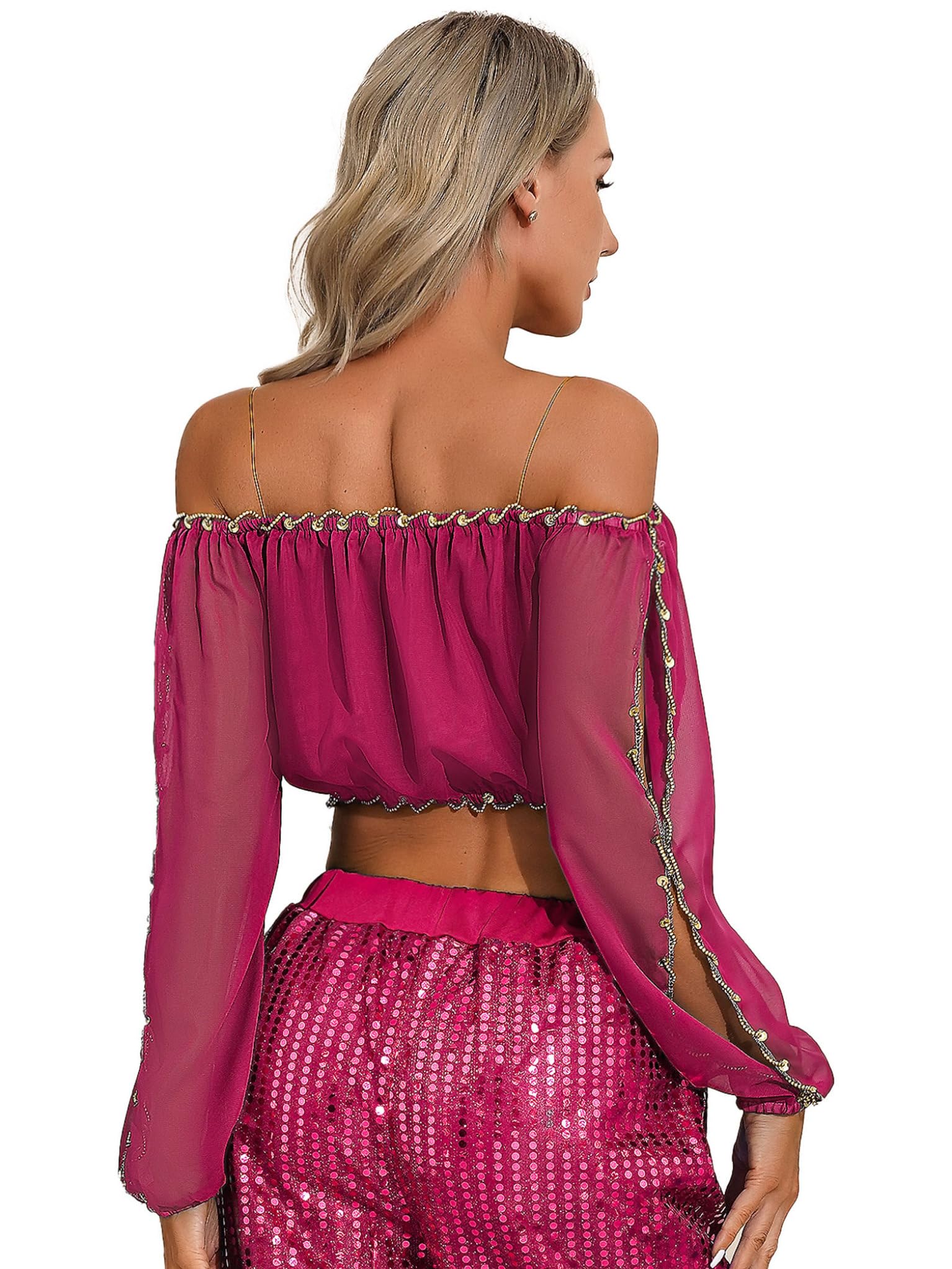 TTAO Costume Danse du Ventre Femme Robe Danse Orientale Haut de Dance Classique Manche Longue et Pantalon Déguisement Indien Princesse Costume Carnaval Halloween