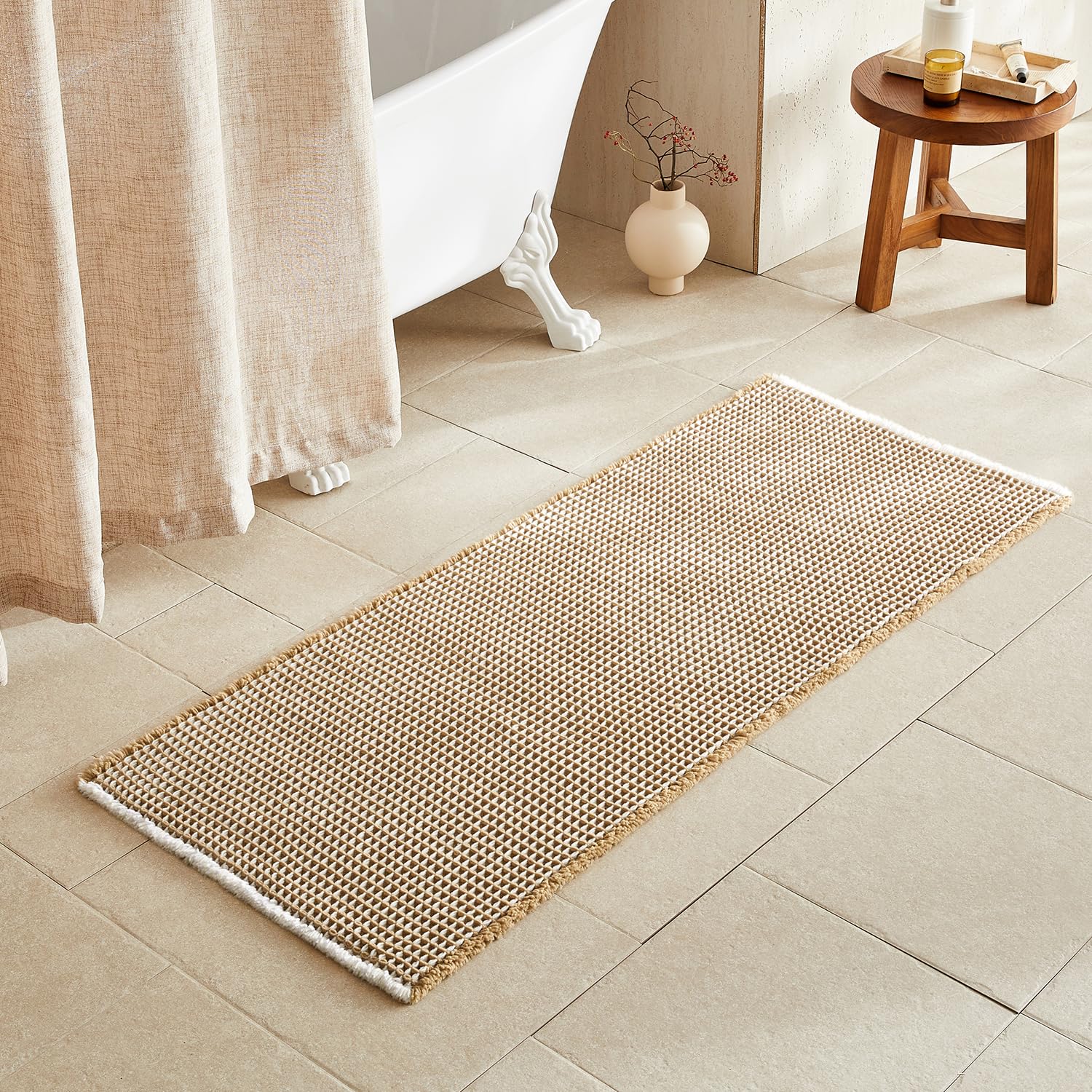 TYUU Waffle Runner Rug Bathroom, Long Boho Bath Mat, 60x24 Khaki &amp; White
