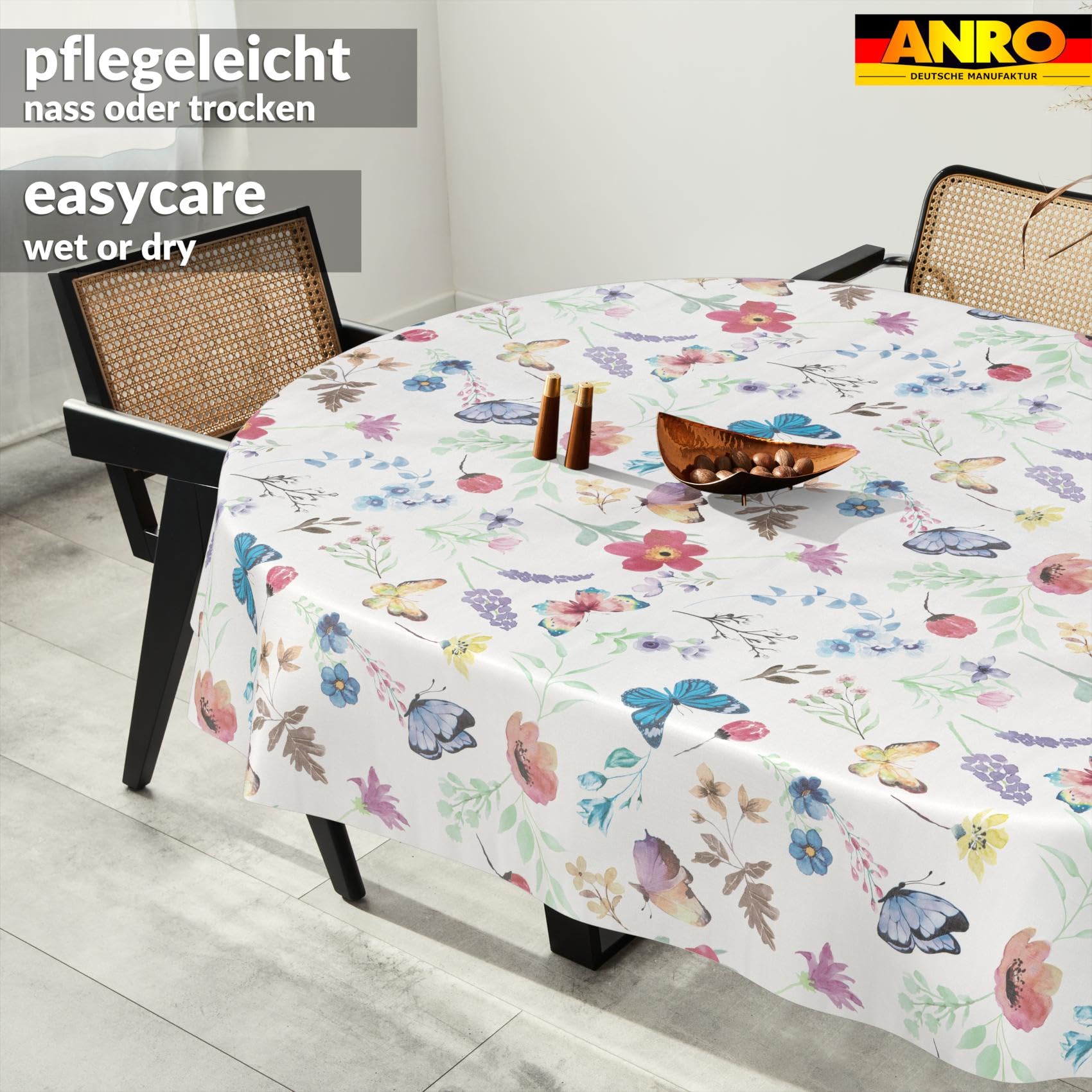 Nappe en toile cirée lavable, facile d'entretien, imperméable, effet lotus, nappe de jardin, motif papillons, ovale, 200 x 140 cm, bord coupé