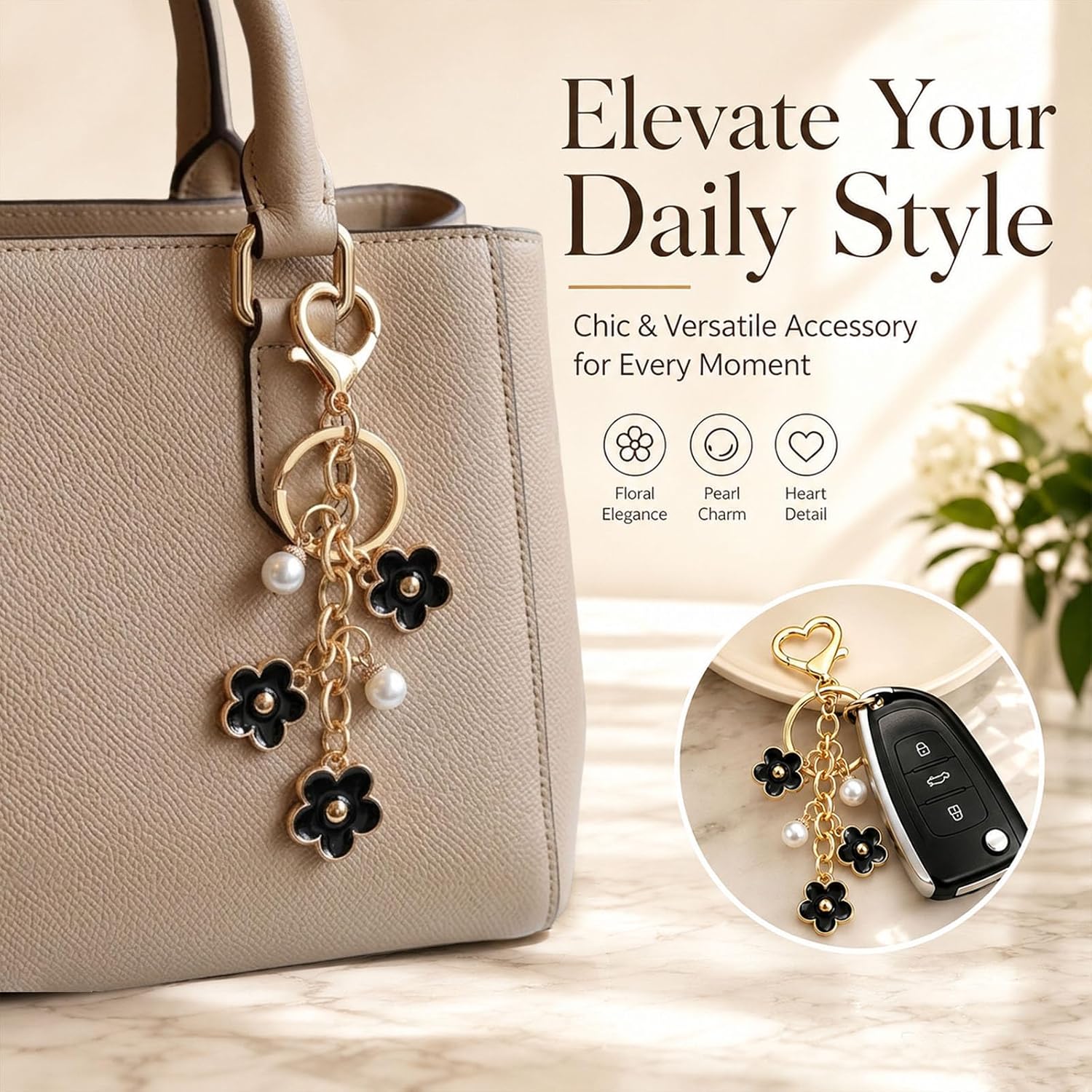 Flower Keychain for Women, Gold Bag Charms with Pearl for Gift image 3