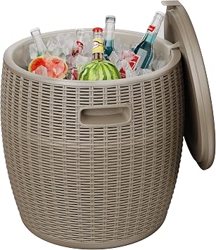 Outdoor Cooler Side Table, 9.5 Gallon Weather-Resistant Portable Ptio Cooler Table, Resin Rattan Round Cool Bar with Lid for Patio, Decor, Pool, Party Gray