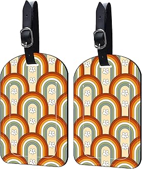 2 Pack Luggage Tags Mid Century Rainbow PU Leather Baggage Handbag Suitcase Tags with Secure Strap Privacy Cover ID Labels,Business Travel Baggage Tag Identifier