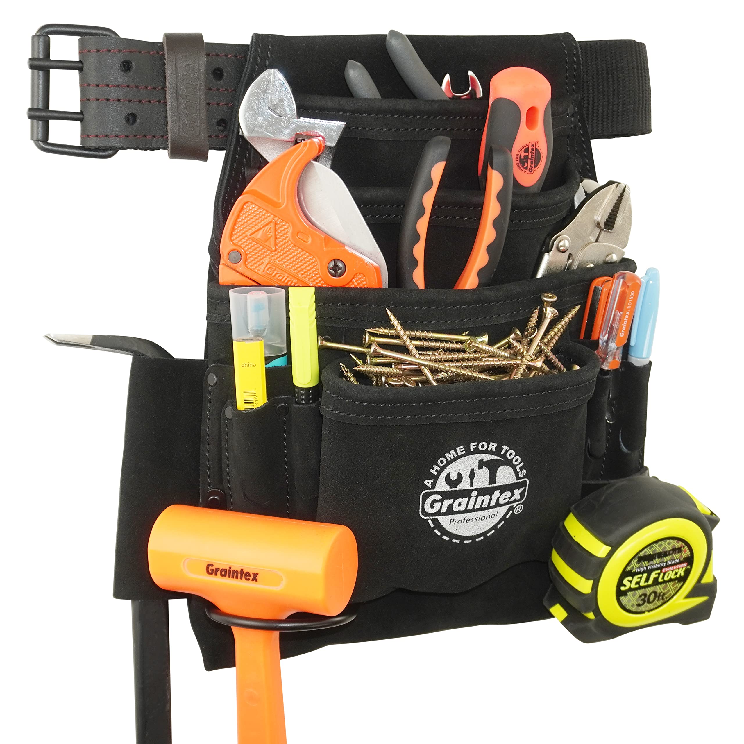 Graintex SS2680 - Bolsa de herramientas y clavos de 10 bolsillos, color negro, piel de ante de 2 pulgadas, cinturón de cincha para constructores, electricistas, fontaneros, manitas