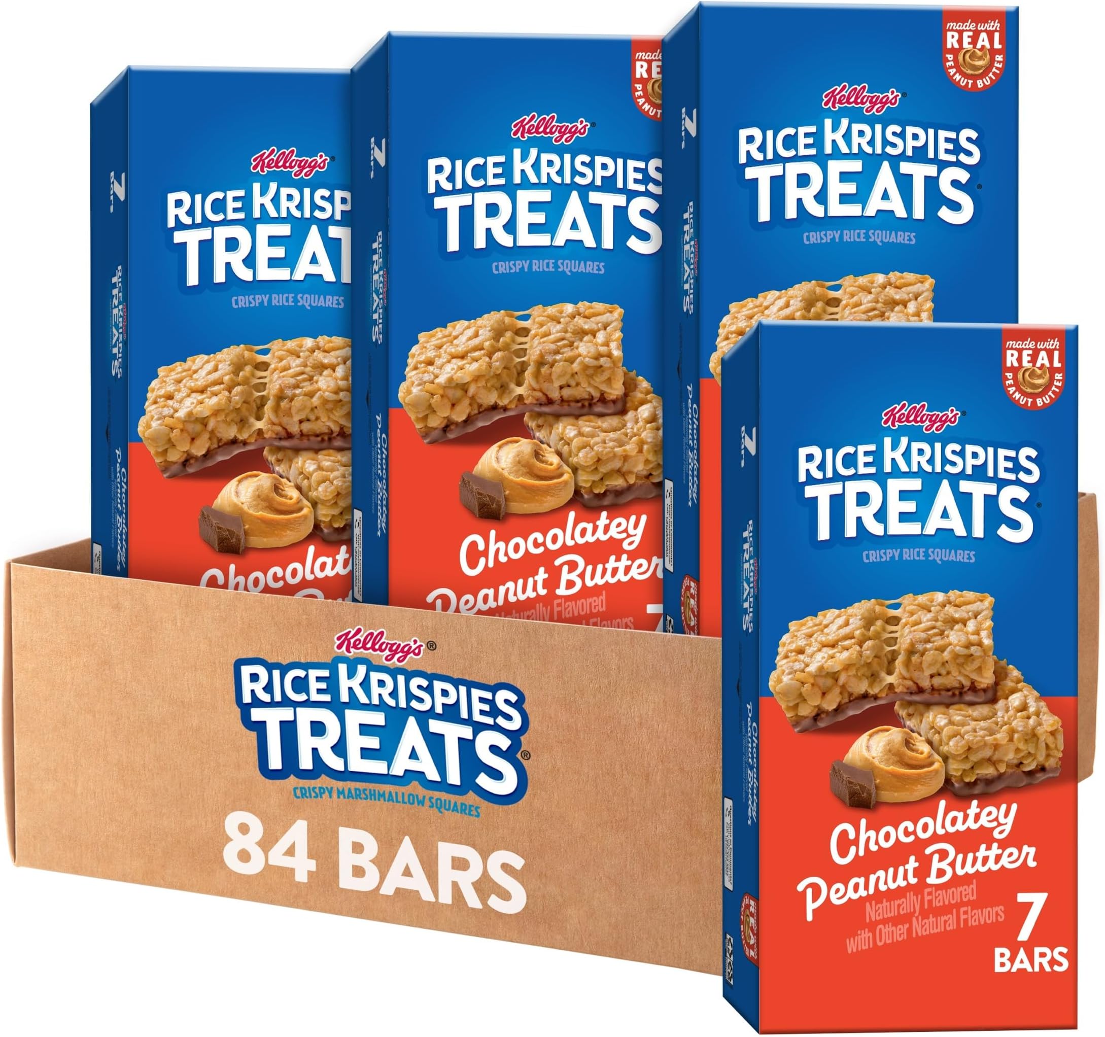 Crispy Rice Squares, Kids Snacks, Snack Bars, Chocolatey Peanut Butter (12 Boxes, 84 Bars)