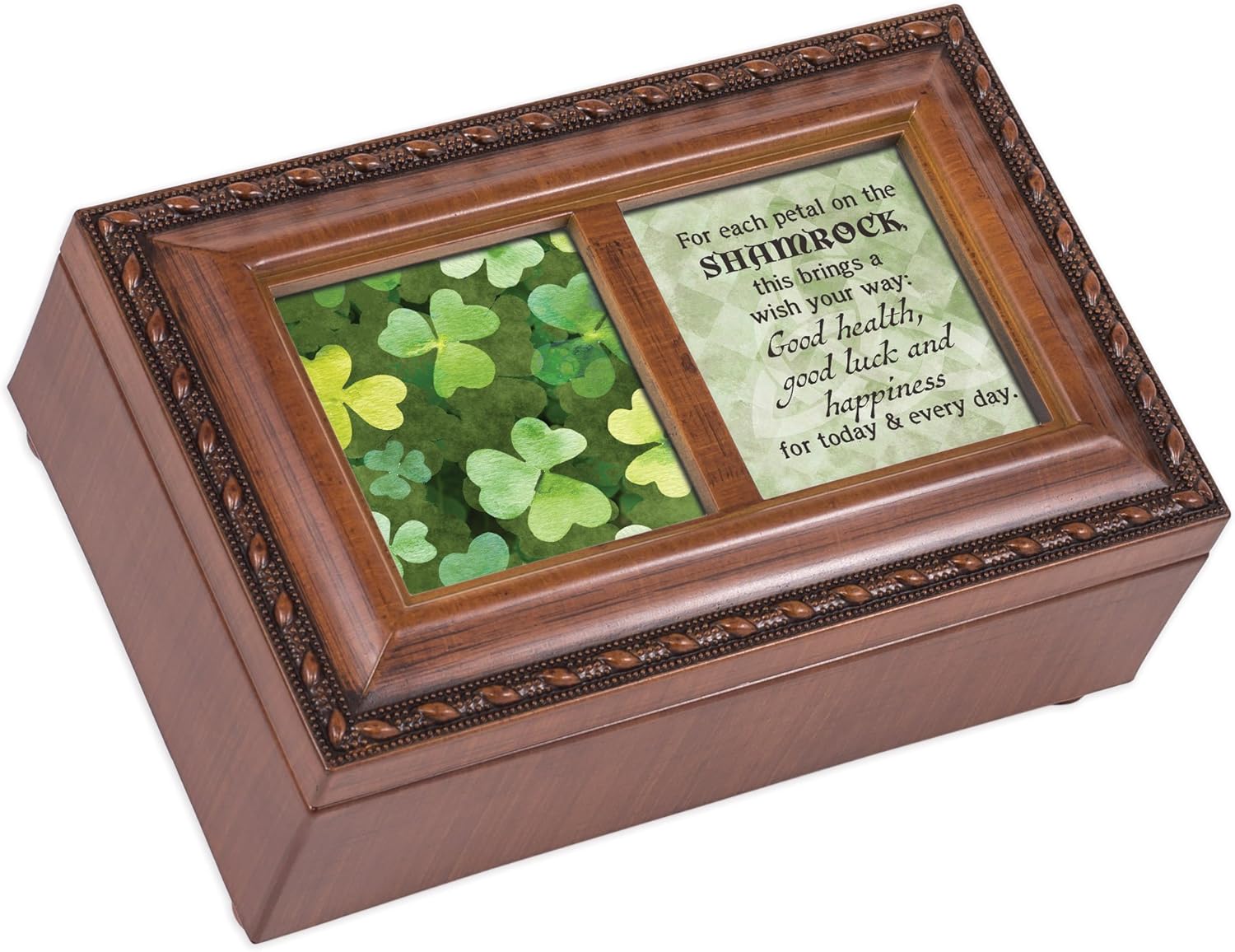 Cottage Garden Shamrock Luck Happiness Woodgrain Rope Trim Petite Music Box Plays Irish Lullaby