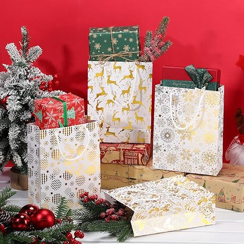Miniatura 3 de Cholemy 24 bolsas metálicas de regalo de Navidad con asas, bolsas de regalo de Navidad a granel de 9.25 x 7.09 pulgadas, bolsas de papel de Navidad