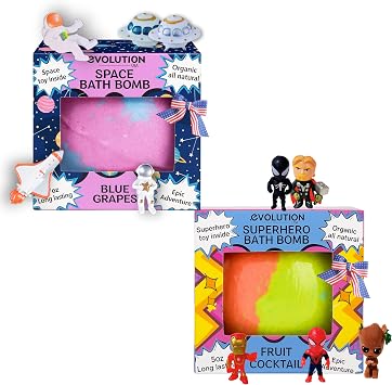 EvolutionUSA 1pc Space & 1pc Super Hero Bath Bombs for Boys, Organic Bath Bomb with Toy, Bath Bombs for Kids with Toys Inside, Epic Galaxy & Spiderman Bath Bomb Sets
