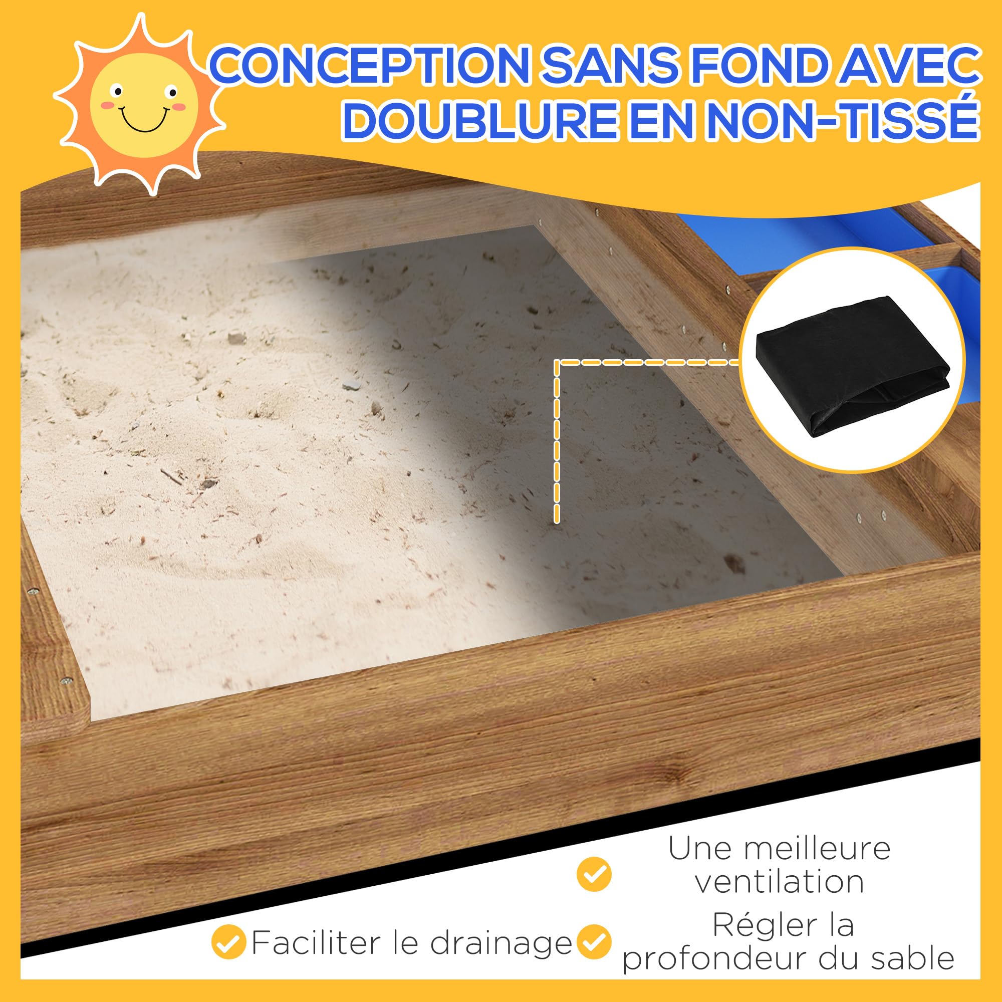 Outsunny Bac à Sable pour Enfant en Bois Sapin Forme Maison 124x116x146cm | Avec auvent, 2 bacs, évier, tableau noir et fanions