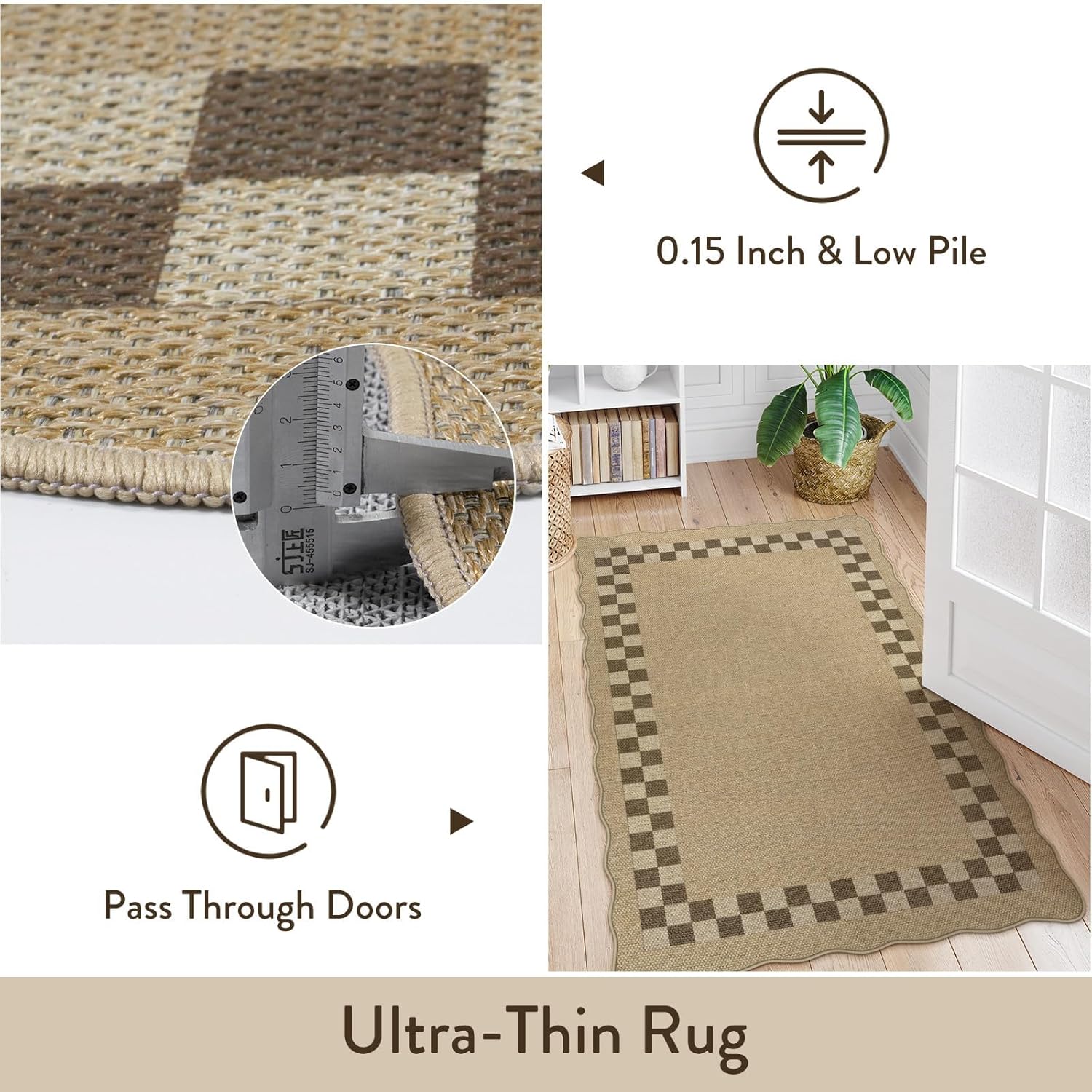 LIVEBOX Easy Jute Checkered Runner Rug for Kitchen, Scalloped Washable 2x6 Tan Rugs for Entryway, Geometric Indoor Outdoor Non Slip Rug Farmhouse Morden Carpet Door Mat Area Rug for Bedroom Hallway - Image 6