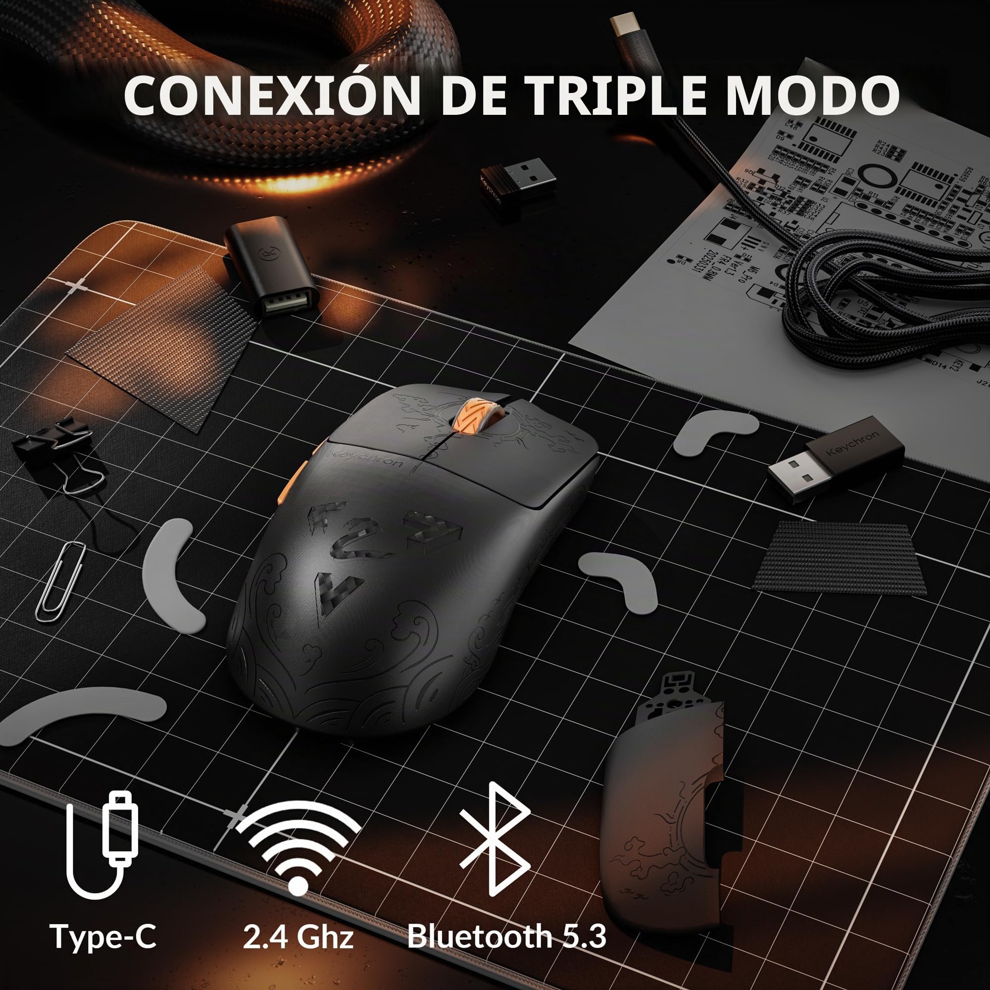 Keychron G3 8K Ratón Gaming de Fibra de Carbono, 44g Ultraligero, 2.4 GHz/BT 5.3/USB-C, PixArt 3950, 8000 Hz Polling Rate, 30 000 dpi, 5 Botones Programables, Ratón Inalámbrico para Esports y FPS