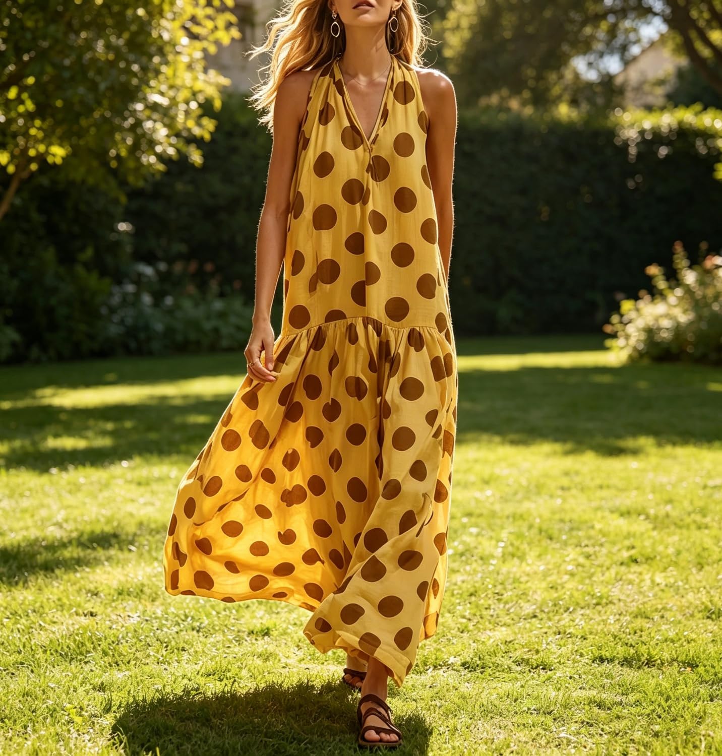 Maxivestido Casual de Vacaciones para Mujer: Amarillo con Lunares Marrones, Sin Mangas y Cuello en V — Estilo Holgado y Largo