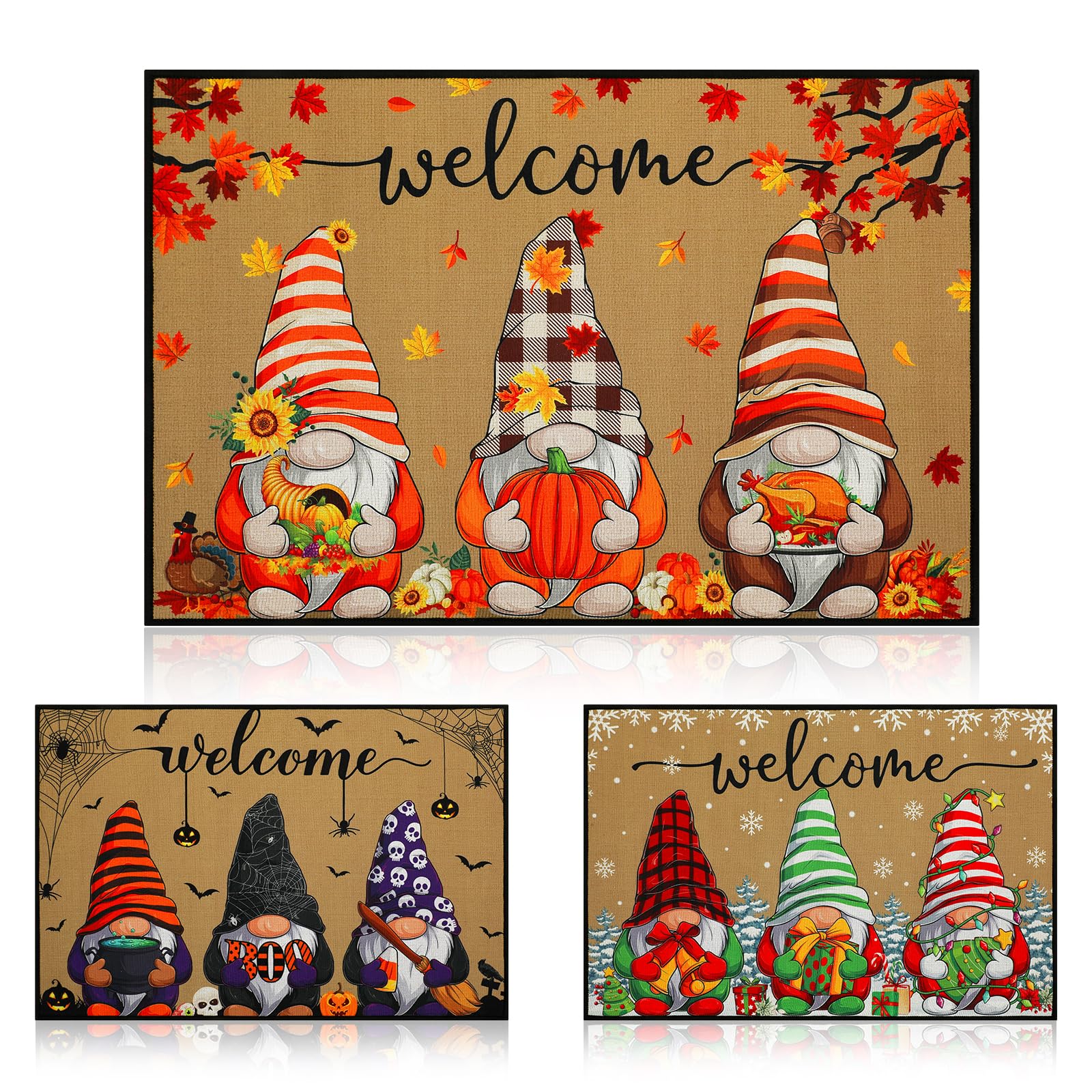 Ceenna 3 Pcs Fall Thanksgiving Gnome Welcome Mats 16 x 24 Inch Christmas Gnome Doormat Autumn Washable Non Slip Floor Rugs Halloween Welcome Door Mats for Indoor Outdoor Bathroom Patio Decor