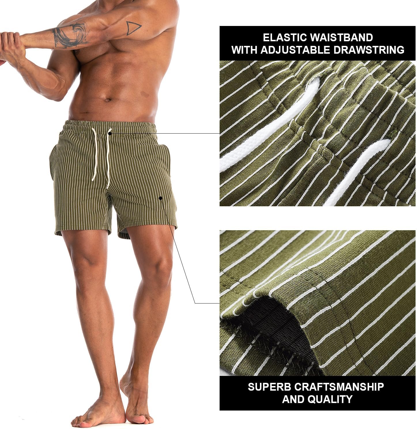 Mens Sweat Workout Shorts 5 Inch Cotton Terry Sweatshort Casual Striped Pajamas Summer Athletic Short - Image 3