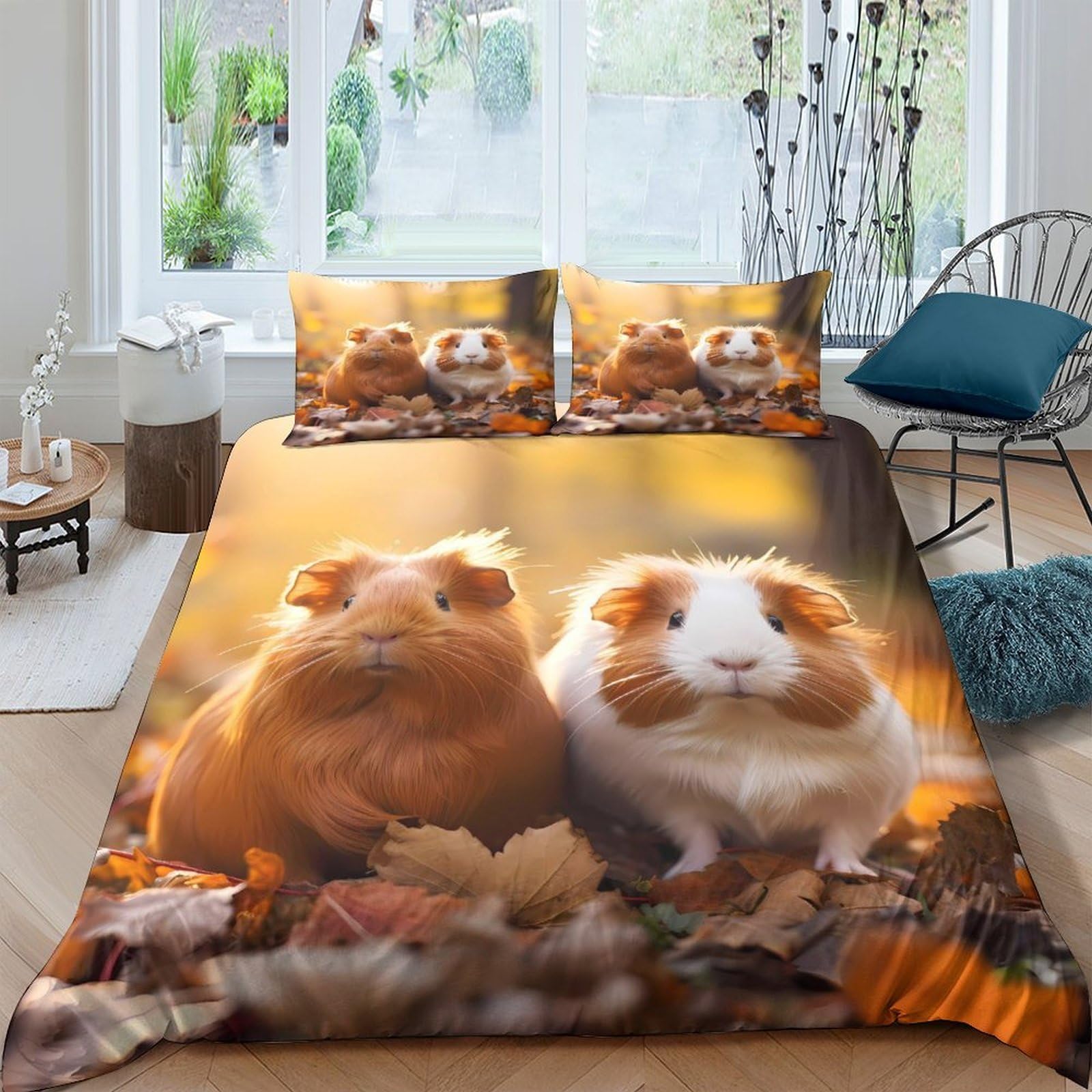 Ctjqhvkz Style-4 3D Printed Guinea Pig Fitted Sheet Microfiber Soft Autumn Leaves Bed Cover For Bedroom Guest Room Mattress Decor Single（135X200cm）